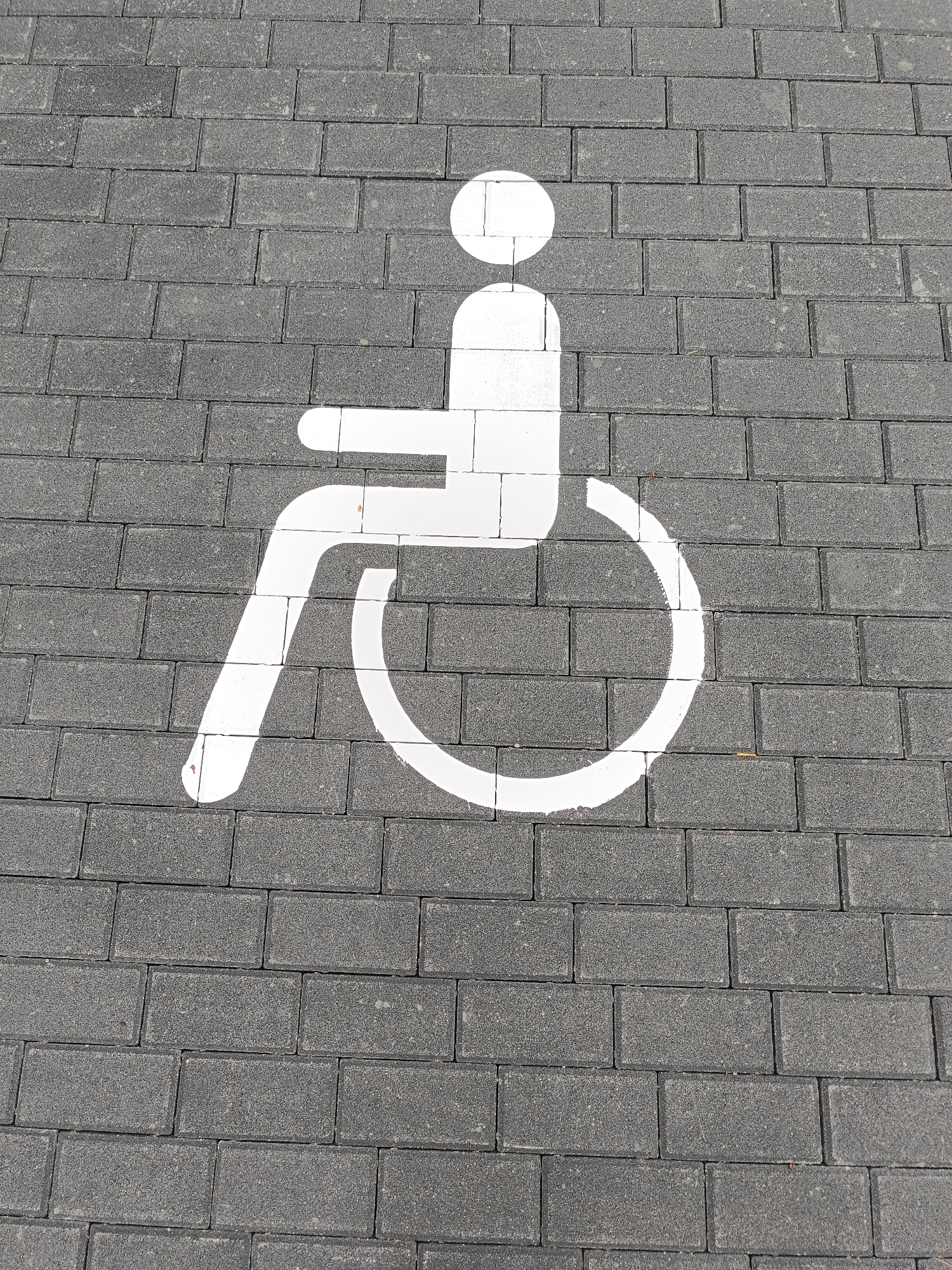 The image shows a close-up, overhead view of a white wheelchair accessibility symbol painted on dark grey interlocking pavement bricks. The symbol depicts a stylized person in a wheelchair, with a rounded head, a rectangular torso, and an arm resting forward. The wheelchair is represented by a large circle with a smaller circle inside it, and a curved line extending from the side. The pavement bricks are laid in a regular pattern, and some small debris is visible on the surface. The lighting suggests it is daytime, casting subtle shadows. There is no indication of the location in Aizpute, Latvia.