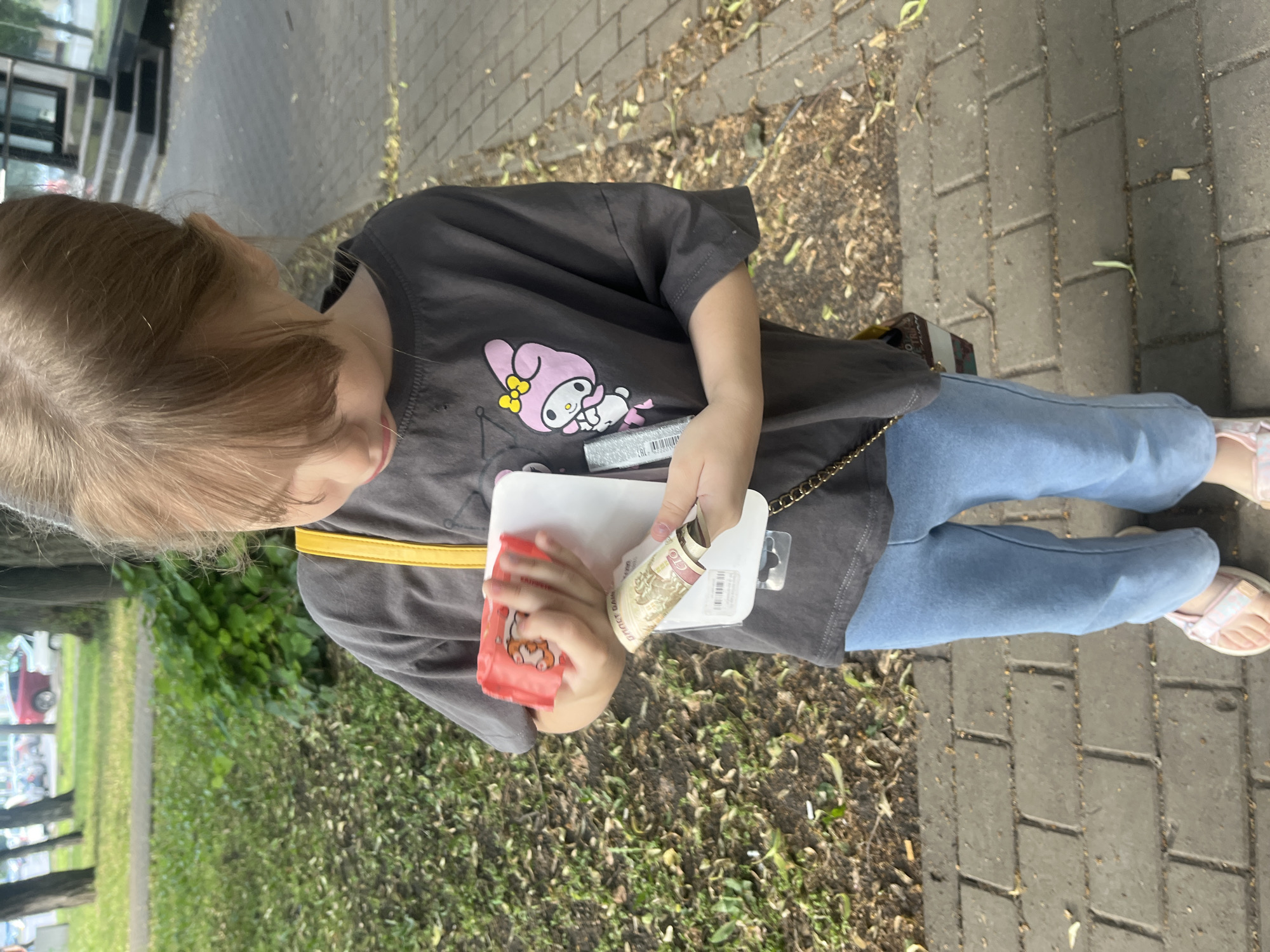 In this vertically oriented, medium shot, a young child with light brown hair is the central subject, positioned in the lower half of the frame. They are wearing a dark gray t-shirt adorned with a pink cartoon character and light blue jeans. A small, white purse with a yellow strap is visible around their shoulder. The child's hands are engaged in holding a few banknotes and a small red packet.
The setting appears to be outdoors, with a brick pathway beneath the child's feet and a grassy area to the left, suggesting a park or a street with greenery. Fallen leaves are scattered on the pathway, indicating it might be autumn. The background shows a blurred view of trees and some buildings.
The child's head is tilted down, focusing on the items in their hands, suggesting an activity of counting or examining money, or perhaps preparing to make a purchase. The overall mood is casual and everyday, with no strong emotional cues evident.
The time of day is difficult to ascertain precisely, but the lighting suggests it is daytime, possibly late morning or afternoon, with diffused light rather than harsh sunlight. The weather appears to be mild.
Visible text includes what appears to be Cyrillic script on the banknotes, and a barcode or serial number on a white rectangular object held by the child. The red packet also has some visible graphics.