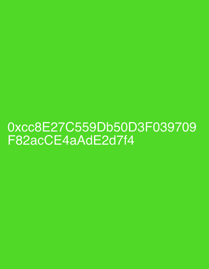 The image displays white text on a solid, vibrant lime green background. The text is positioned in the lower-left section of the frame. The first line of text reads "0xcc8E27C559Db50D3F039709". The second line, directly below the first, reads "F82acCE4aaAdE2d7f4". No people, objects, or specific scenes are visible. The background color is uniform throughout, and there are no discernible details related to time of day, weather, or specific location cues beyond the text itself. The image appears to be digitally generated or a screenshot of text on a colored interface.