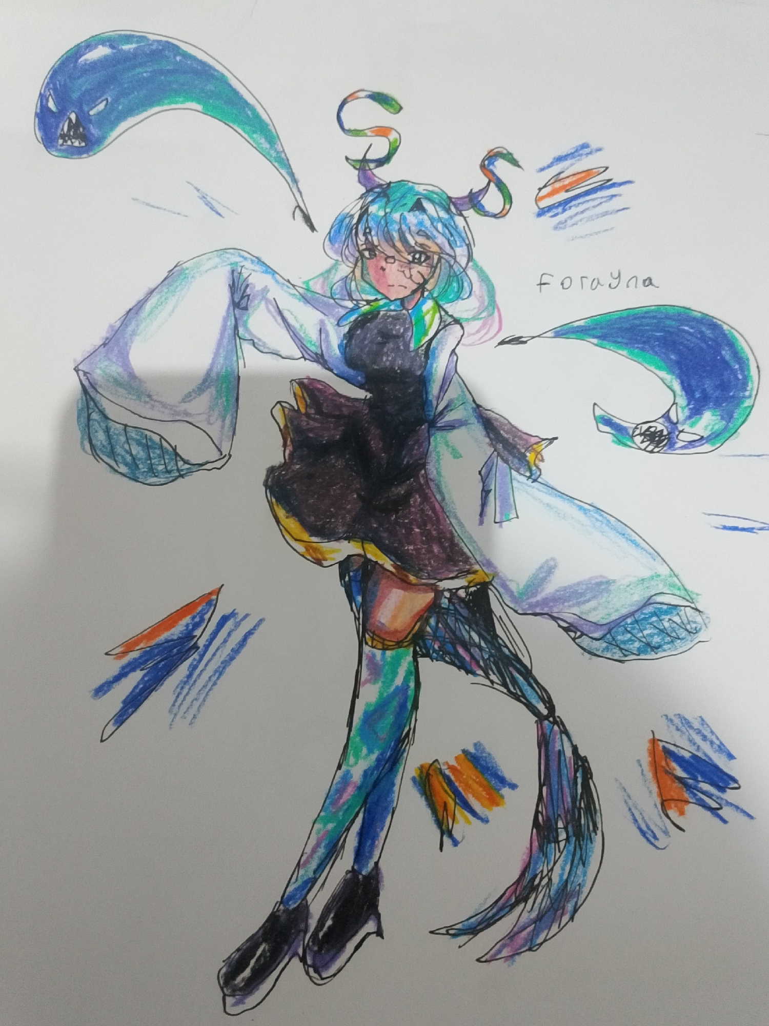 The image depicts a colorful drawing of a fictional character. The character has light blue hair with streaks of green and purple, and is wearing glasses. They have large, flowing sleeves and a dark dress with a yellow trim. Their legs are covered in a patterned fabric of blue, green, and pink, and they are wearing black shoes. Two spectral, fish-like figures in shades of blue and green flank the character. There are also abstract colorful markings in blue, orange, and white scattered around the drawing. The name "forayna" is written in cursive on the right side of the image. The drawing appears to be done with colored pencils or crayons on white paper. The image does not contain any elements that suggest a specific location in Se'pon, Indonesia.