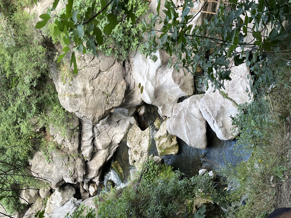 The image depicts an overhead view of a natural river gorge located in Tatev, Armenia. A dark-colored river with areas of white turbulent flow occupies the central and lower portions of the scene, winding between large, irregularly shaped rock formations. These rocks are predominantly light gray to beige, displaying smooth, water-eroded surfaces. Dense green vegetation, comprising trees and shrubs with broad leaves, covers the upper and lateral rock surfaces, particularly prominent on the left and right sides of the frame. A partial view of a light-colored wooden or bamboo structure is observable through the foliage on the mid-right. No human figures are present within the scene.