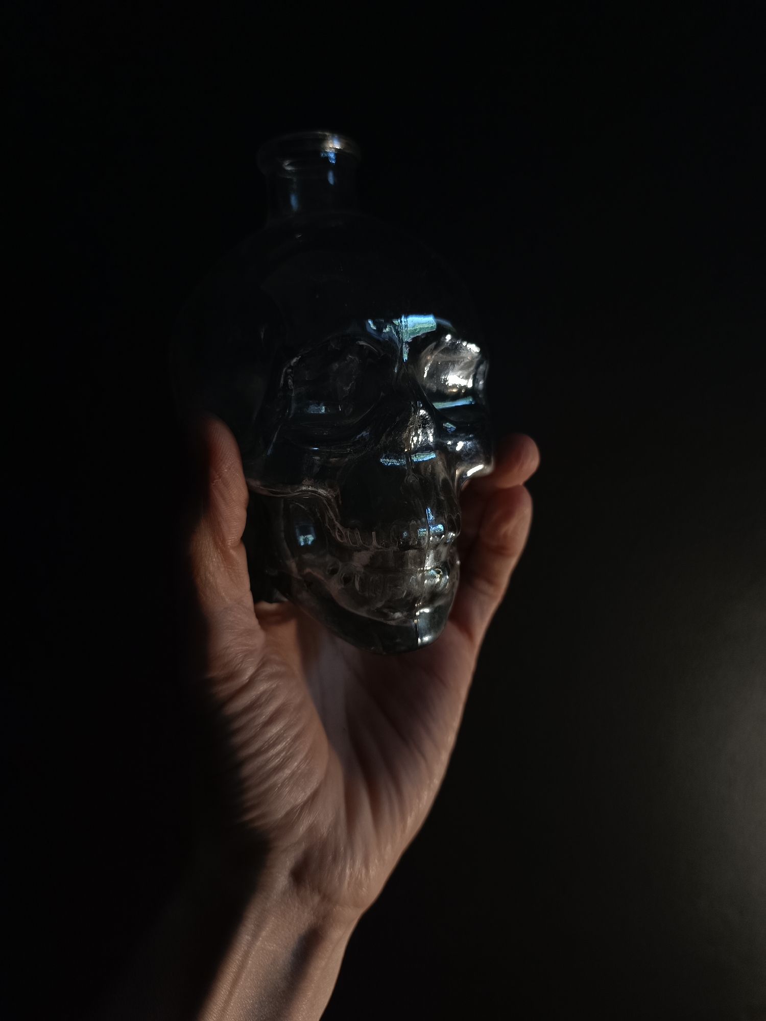 The image captures a human hand holding a transparent, skull-shaped glass bottle against a dark, featureless background. The hand, belonging to an adult with light skin tone, is positioned centrally, gently gripping the bottle. The intricate details of the palm's creases and knuckles are subtly illuminated by a direct light source.
The prominent object is a clear glass bottle meticulously molded into the form of a human skull. It features distinct eye sockets, a nasal cavity, and teeth, rendered with realism. The glass material is highly reflective, with brilliant highlights gleaming off the rounded contours of the skull's forehead, cheekbones, and the rim of its narrow neck, which indicates a bottle opening.
The scene is enveloped in deep shadow, emphasizing the illuminated hand and the reflective skull. The dramatic lighting creates stark contrasts, casting significant portions of the hand and the skull into shadow, which enhances their three-dimensional presence and texture. This focused illumination contributes to a mysterious and artistic atmosphere.
The sole activity depicted is the holding of the skull bottle. No specific time of day, weather conditions, or external location cues are visible within the frame, beyond the provided context of Lermontov, Russia, which is not visually supported by the image itself. There is no visible text. The image serves as a study of form, light, and reflection, evoking a sense of curiosity or the macabre.