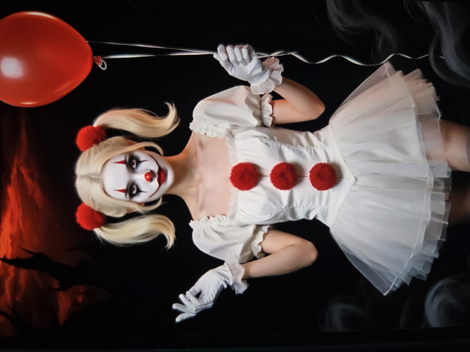 A young woman with blonde hair styled in pigtails adorned with red pom-poms is depicted in a full-body portrait. She is wearing white clown makeup with a red nose, red lips, and dramatic eye makeup. Her costume consists of a white, ruffled top with three red pom-poms down the front and a short, layered white tutu skirt. She is also wearing white gloves. In her right hand, she holds the string of a bright red balloon. Her left hand is raised, palm outward. The background is dark, with a fiery, ominous red sky in the upper left portion and dark, shadowy figures or trees. This image does not depict a specific location in Chișinău, Moldova.