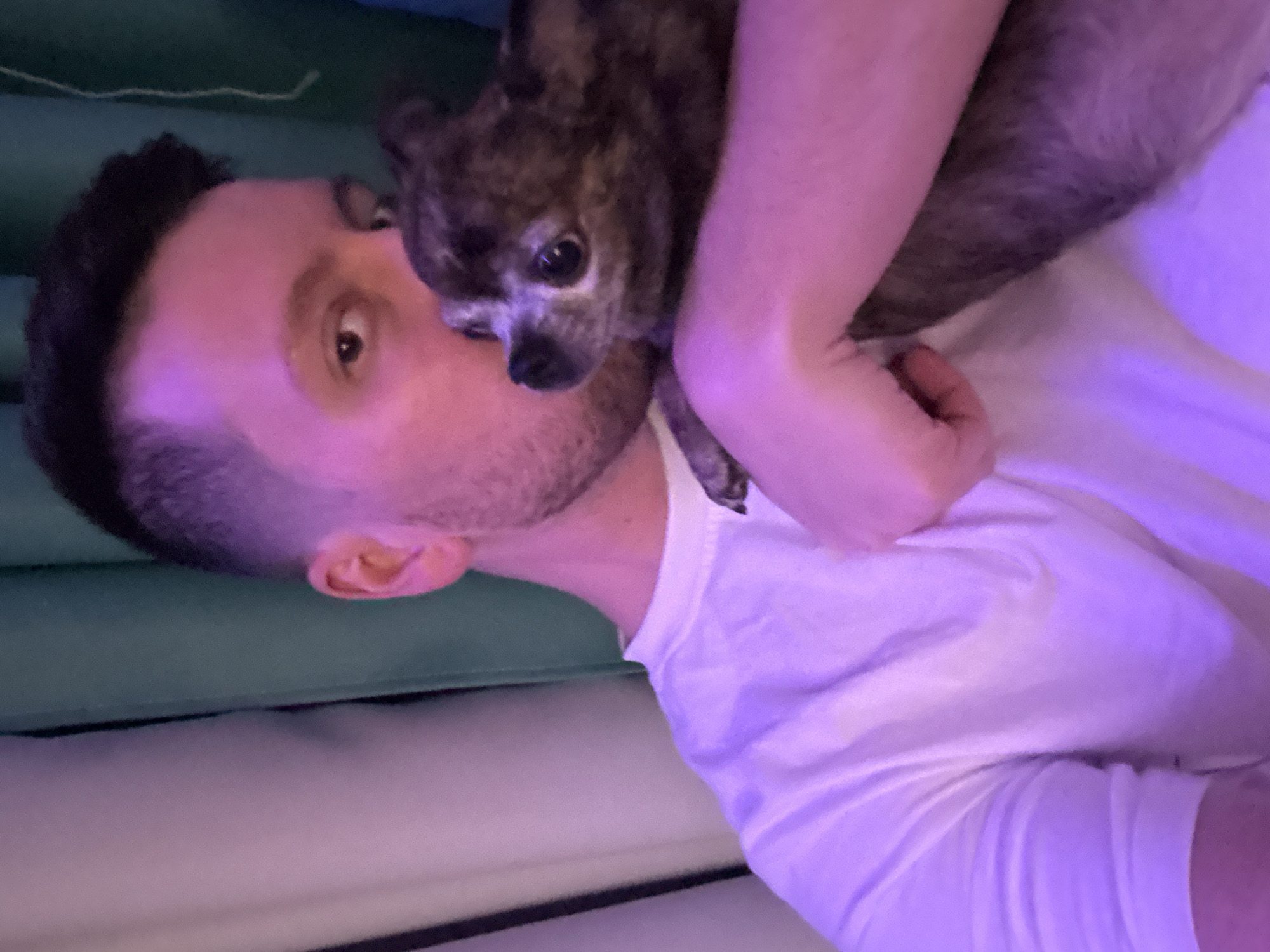 A person with short dark hair is lying on a green and white striped cushion, with a small brown and grey dog nestled on their chest. The person is wearing a white t-shirt. The lighting appears to be purple. Location: Мирный, Russia is not discernible.