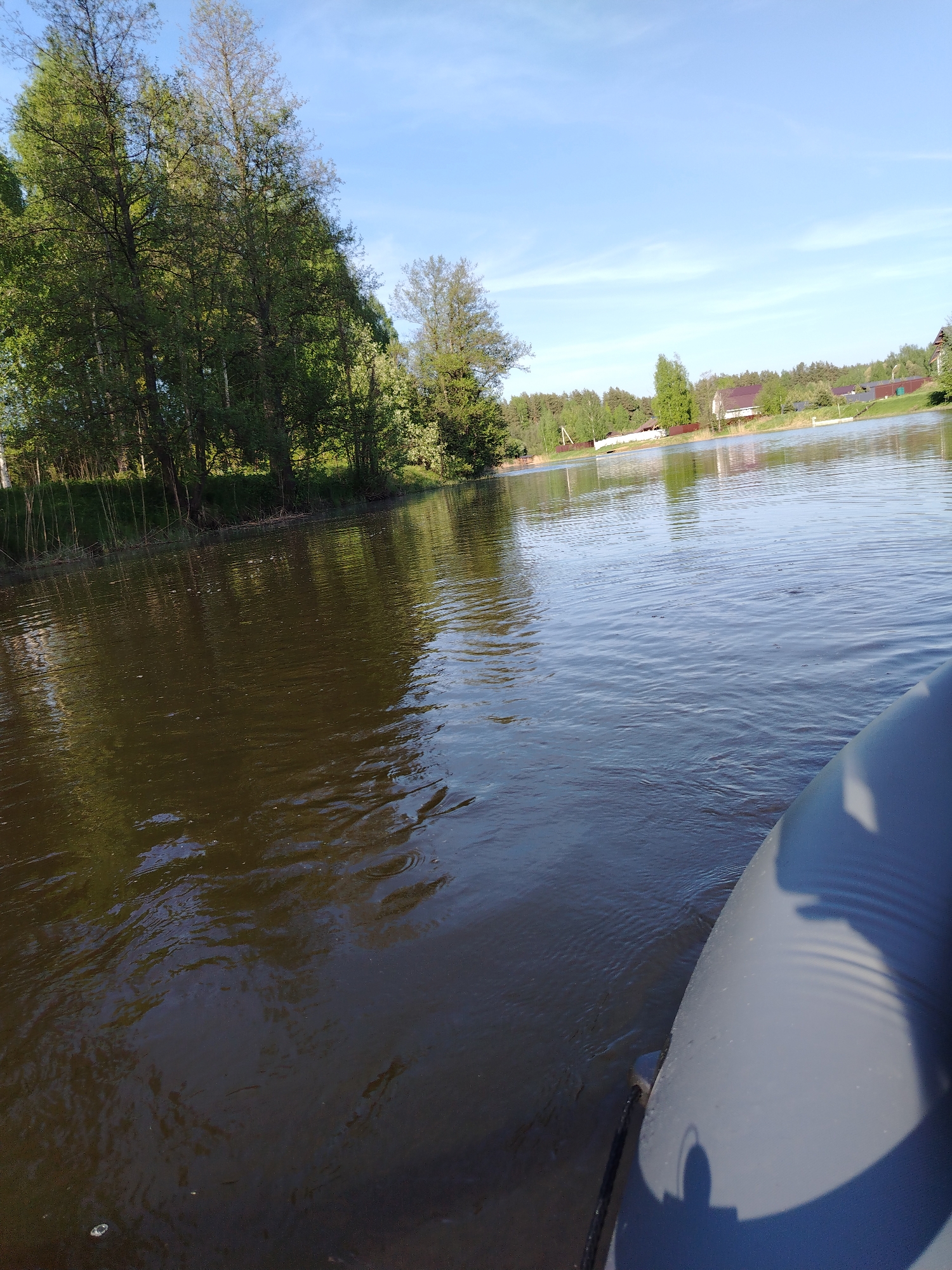 A water view taken from a boat on a river in Stroitel', Russia. The river reflects the green trees lining the bank on the left. On the opposite bank are houses. The sky is blue. The gray side of the boat occupies the lower right corner of the frame.