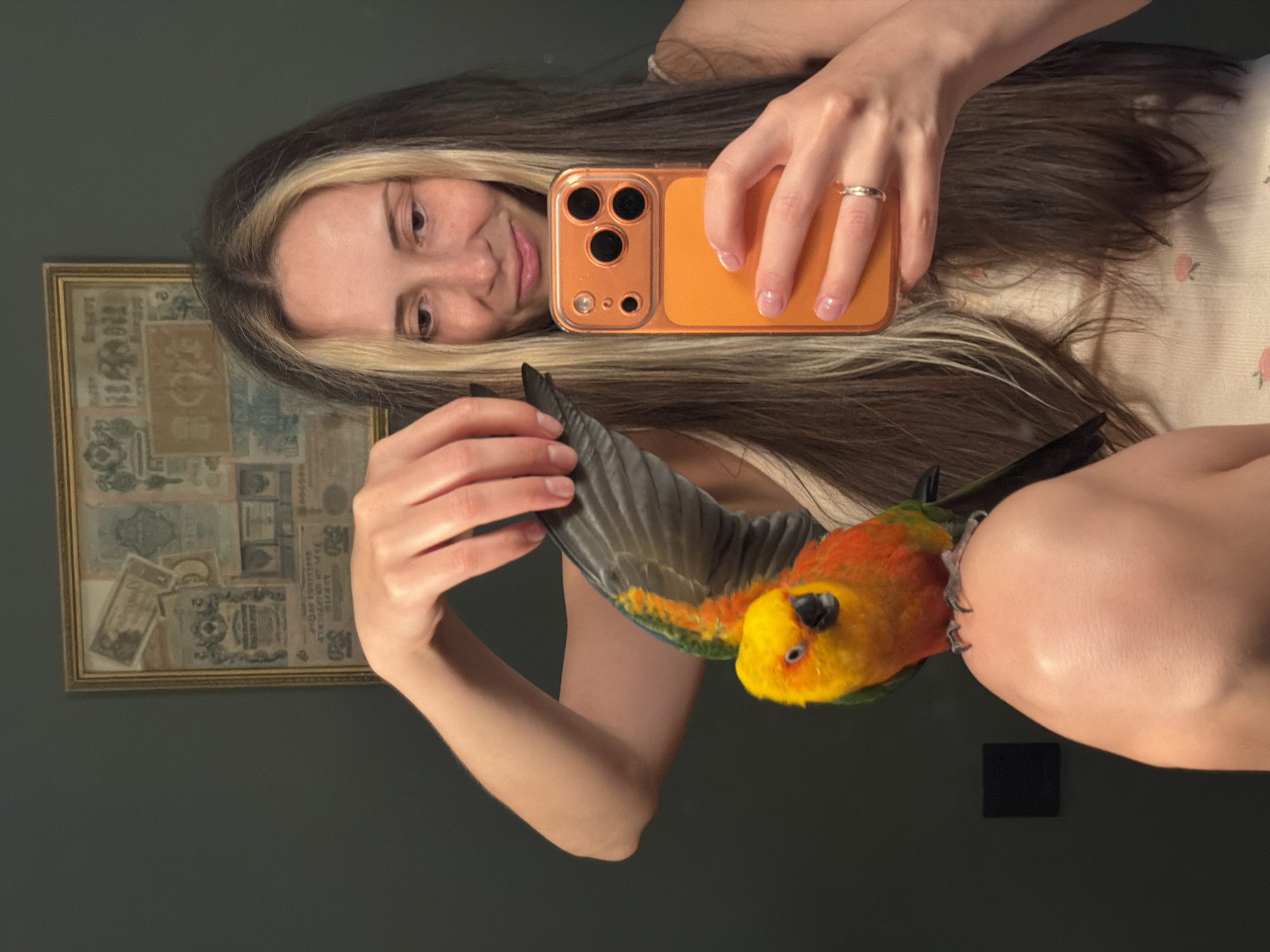 A young woman is holding a yellow and orange sun conure bird with grey wings. The woman is taking a selfie with an orange smartphone. She is wearing a light-colored tank top with a pattern of small pink flowers. The background features a framed picture hanging on a dark green wall. A small square object is visible below the woman's arm. The photo appears to have been taken indoors. There is no evidence in the image to determine that the location is in Khimki, Russia.
