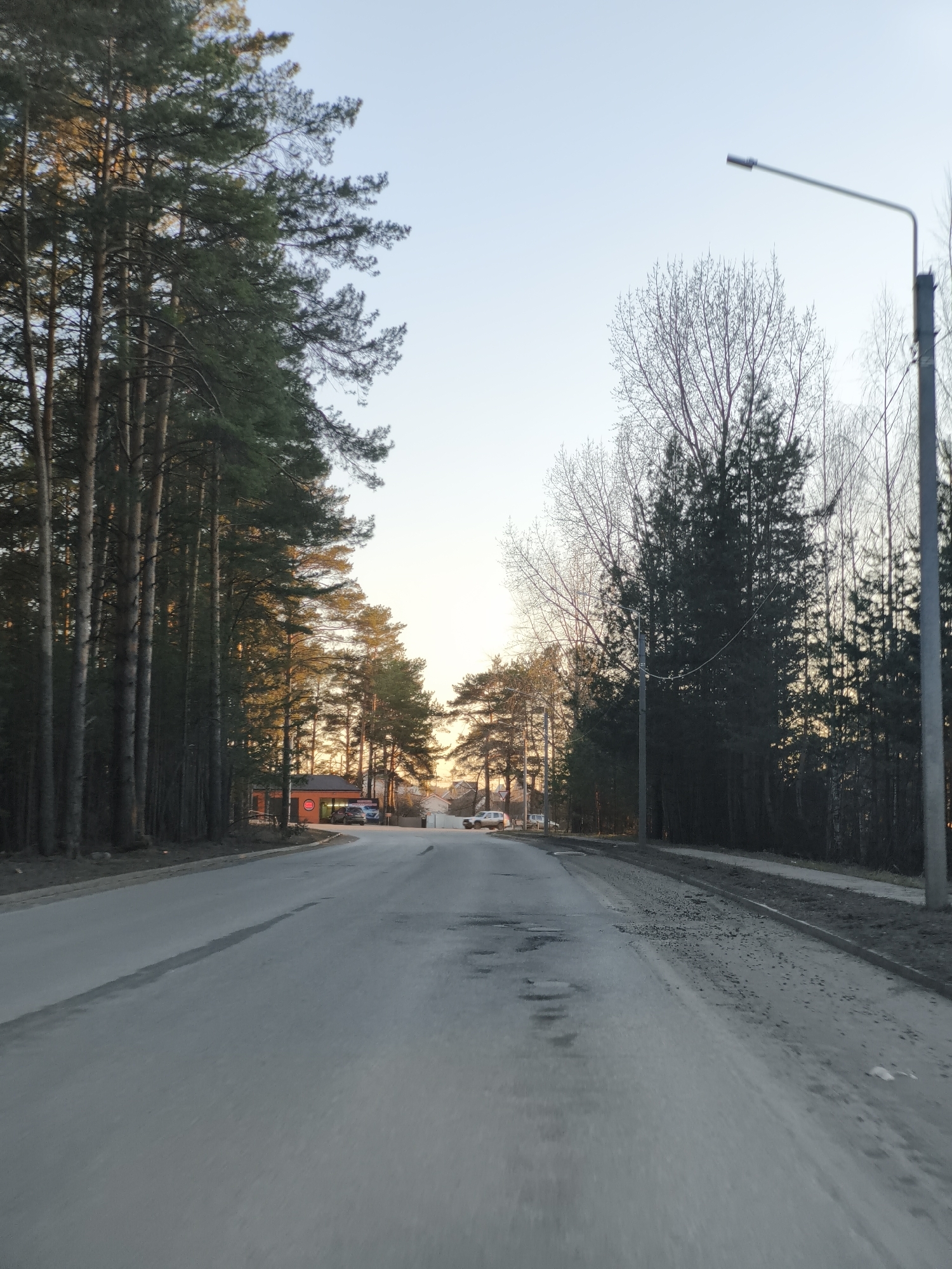A low-angle, medium shot shows an asphalt road running through a forest with a setting sun creating a bright spot at the end of the road.
The road surface is gray and appears slightly damaged with potholes. Tall, straight trees line the left side of the road, their trunks casting shadows. The trees on the right are a mix of deciduous and coniferous, silhouetted against the sky. A street light stands tall on the right. In the distance, a small, orange building is visible on the left, with a few cars parked in front. In the center of the road, a white car is moving further away. The sky is a gradient of light blue to orange.