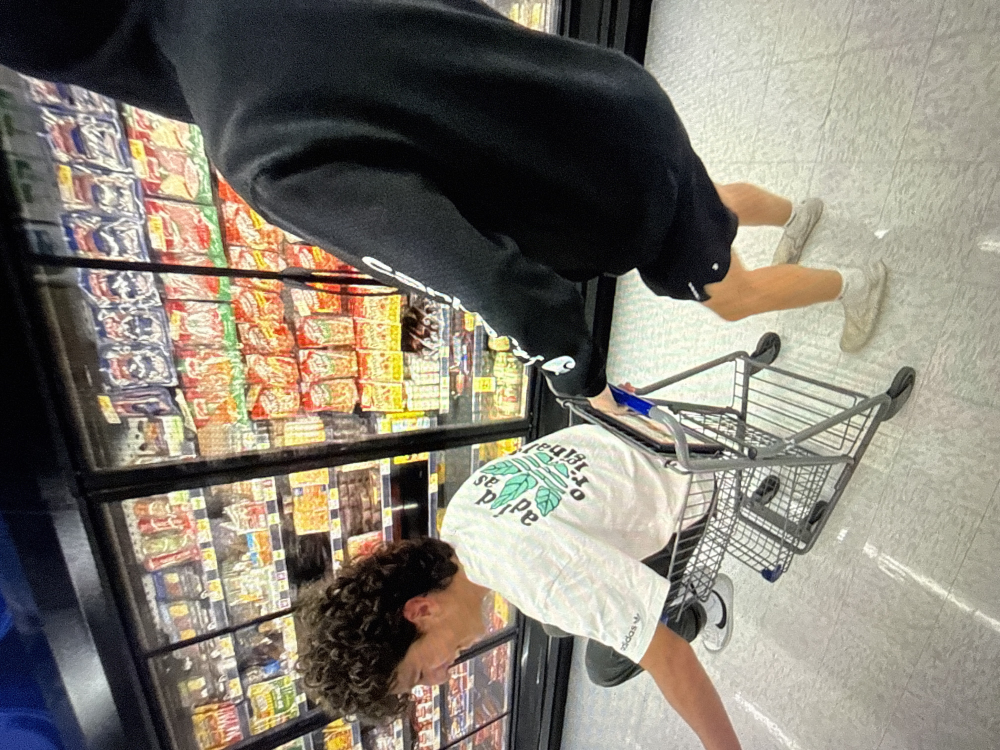 The image captures a scene within a supermarket aisle, featuring two individuals in front of commercial freezer display cases. One individual, a male with dark, curly hair, is seated facing left inside a metal shopping cart. He wears a white t-shirt with a green "adidas originals" logo prominently displayed on the back, dark trousers, and white sneakers with a visible black Nike swoosh. He is smiling and appears to be looking towards the left side of the frame. The second individual, seen from behind, is pushing the shopping cart. This person wears a black hooded sweatshirt with white graphic elements on the sleeves, black shorts, white socks, and light-colored, casual footwear.
The background consists of multiple rows of glass-fronted freezer units, typically found in a frozen food section, stocked with various packaged goods such as frozen pizzas and other meals. The floor is a light-colored, possibly tiled or linoleum surface, illuminated by overhead artificial lighting. The scene depicts a playful interaction between the two individuals. No specific identifying markers or signage are present in the image to confirm the location as Kardzhali, Bulgaria.