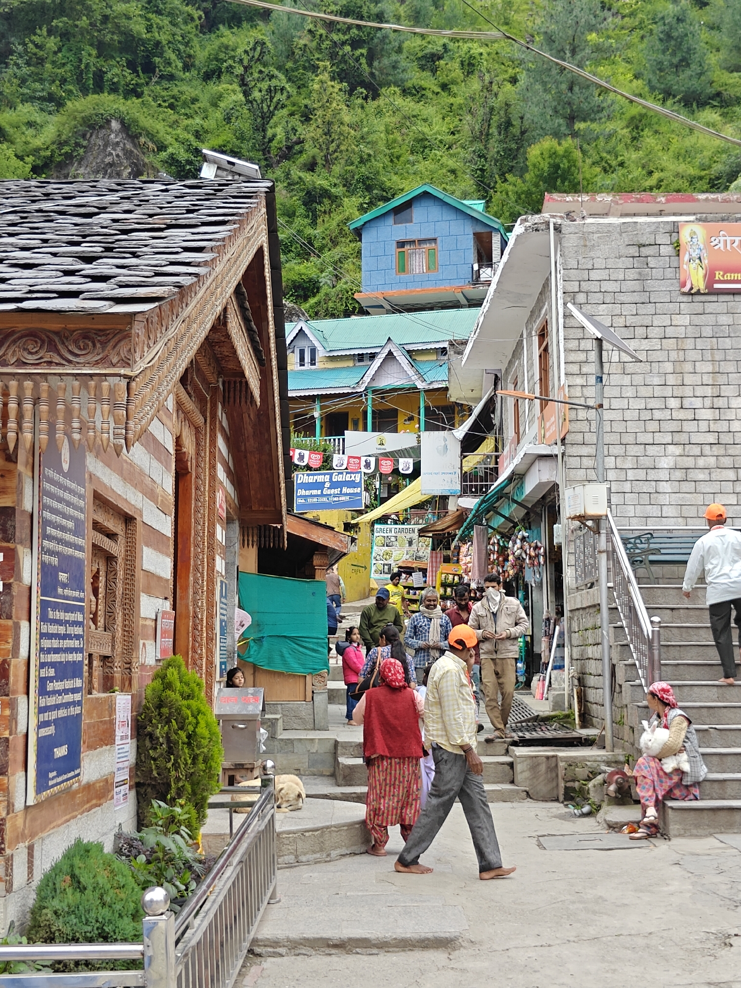 The image depicts a street scene in Vashisht, India, characterized by traditional architecture and a bustling atmosphere. A narrow street is flanked by multi-story buildings, some with intricate wooden carvings and slate roofs, indicative of local building styles. The buildings house shops and guest houses, as suggested by signs like "Dharma Galaxy Dharma Guest House."
In the foreground, a person in a red headscarf and striped pants is walking away from the camera, holding a white rabbit. To their left, a man in a plaid shirt and grey pants walks barefoot towards the viewer. A dog is resting on a ledge to the left.
Further down the street, several people are visible. On the right, a woman in a patterned outfit sits on stone steps, holding a white rabbit. Above and behind her, a man in an orange cap and white shirt walks up a set of stairs. More people are seen browsing stalls and walking along the street, with colorful goods displayed for sale.
The background features a steep, tree-covered hillside, suggesting a mountainous or hilly terrain. Several buildings with different colored roofs, including a prominent blue one, are visible stacked on the hillside. The overall impression is a vibrant, lived-in environment with a strong sense of community and local culture.