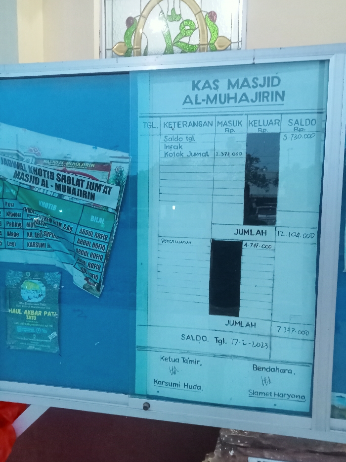 A white board with a blue frame is mounted on a blue wall. The board contains a handwritten table, titled "KAS MASJID AL-MUHAJIRIN". The table lists the date, description, amount received, amount paid out, and the current balance. The balance for the date is 7,337,000. The board also has a poster with the title "JADWAL KHOTIB SHOLAT JUM'AT MASJID AL-MUHAJIRIN" and another poster advertising a religious event, "HAUL AKBAR PATI 2023". The board is located at Masjid Al-Muhajirin in Kecamatan Margorejo, Indonesia.