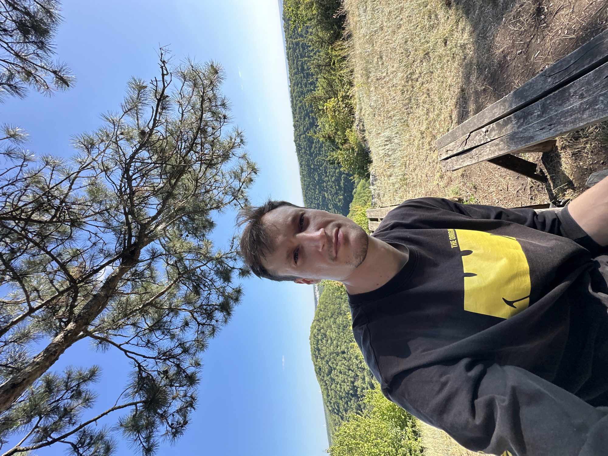 A man is taking a selfie outdoors on a sunny day. He is sitting next to a wooden bench. Behind him, there is a lush green landscape with rolling hills and a clear blue sky. A tree branch with pine needles is visible in the foreground, partially obscuring the sky. The man is wearing a black sweatshirt with a yellow graphic print. The location is the city of Nihyn, Ukraine.