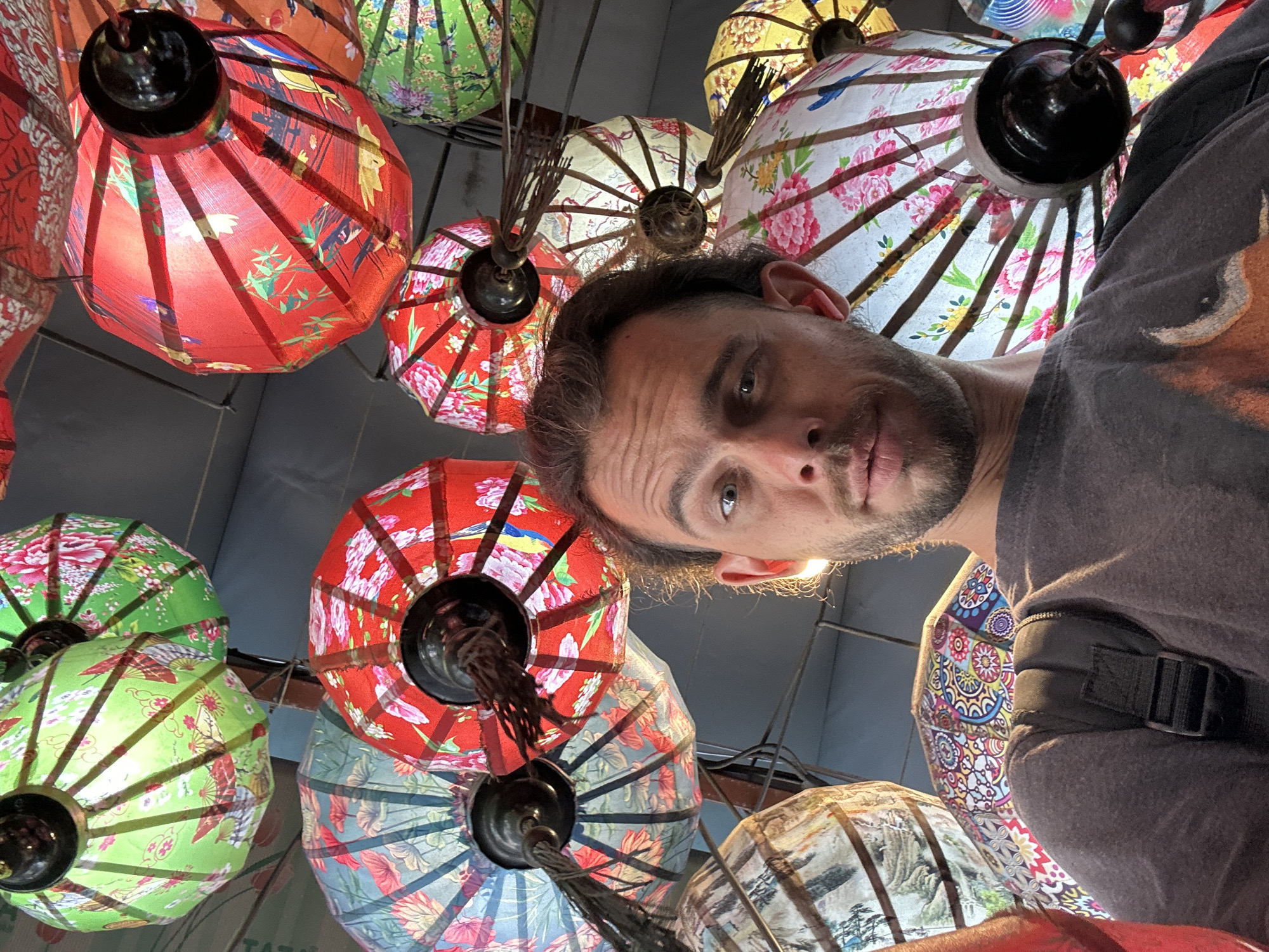 A low-angle selfie shows a man's face and upper torso in the foreground, with numerous colorful, ornate lanterns hanging above him. The lanterns are made of fabric stretched over a frame and feature intricate patterns of flowers, birds, and other designs, in shades of red, green, blue, pink, and yellow. The man has short brown hair, a light beard, and is wearing a dark grey t-shirt with a graphic print on the front. He is looking directly at the camera with a neutral expression. The scene appears to be an outdoor market or a decorated street in Đà Nẵng, Vietnam, possibly at the Hội An Lantern Festival, given the abundance and style of the lanterns.
