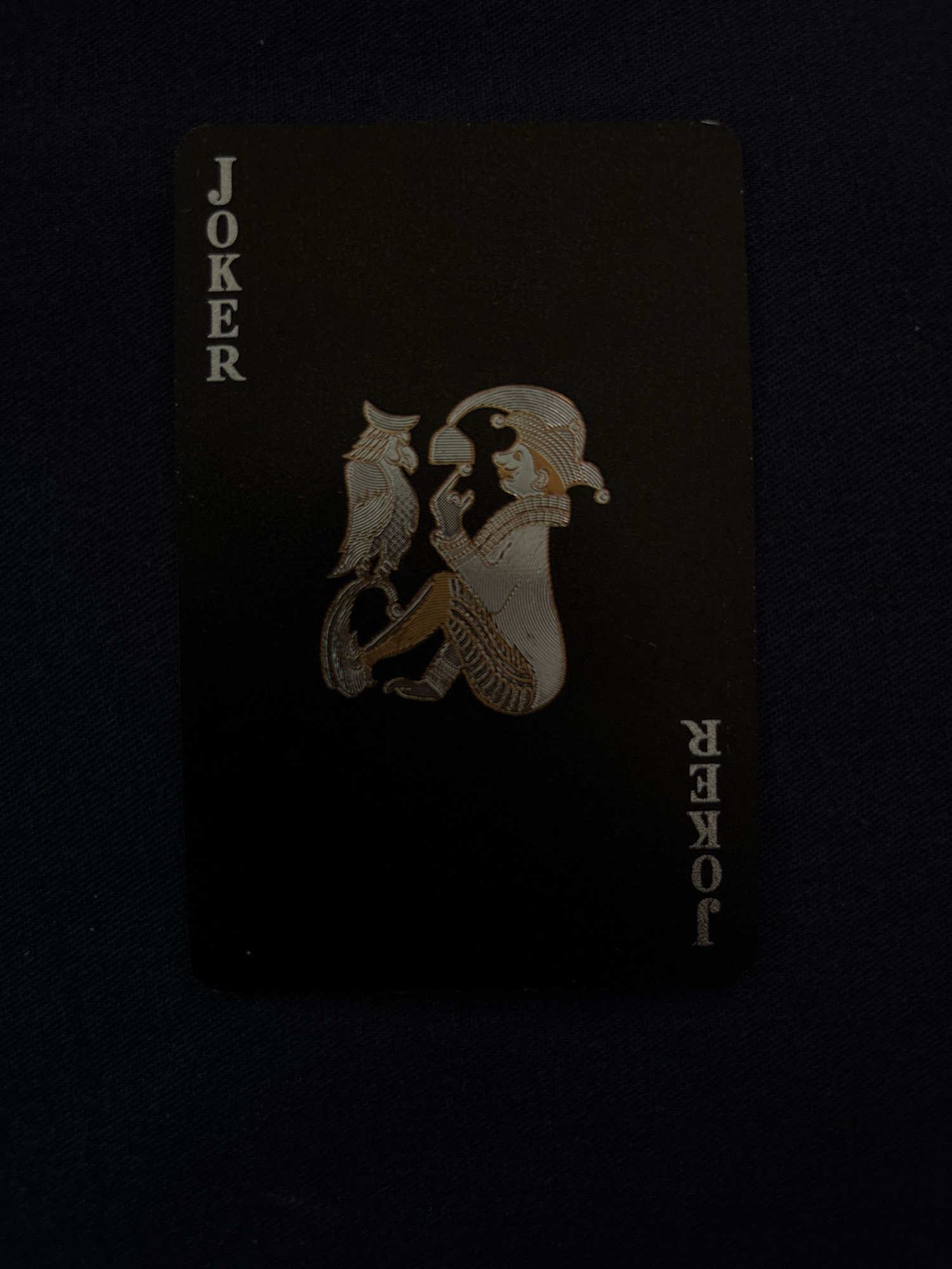 A black joker playing card is centered on a dark, textured surface, likely fabric. The card has silver and gold intricate artwork depicting a jester-like figure with a jester's hat and holding an owl. The word "JOKER" is printed vertically in silver lettering on the left and right edges of the card. The lighting casts subtle shadows, highlighting the metallic sheen of the card's design. The background is uniformly dark and appears to be out of focus, making the card the sole subject of attention. The overall impression is one of a close-up, studio-style product photograph.