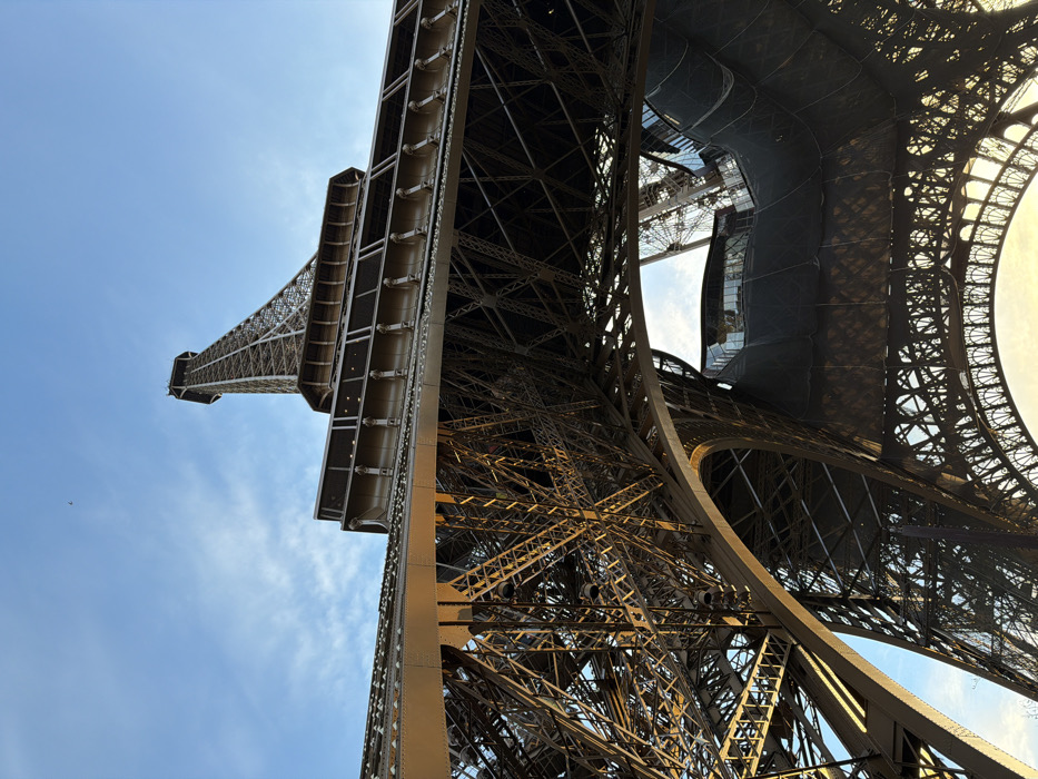 The image provides a worm's-eye perspective of the Eiffel Tower in Paris, France, showcasing its intricate iron lattice structure against a clear blue sky with sparse clouds. The camera is positioned beneath the tower, looking directly upwards, emphasizing the scale and complex engineering. Prominently featured are the tower's colossal arched supports, crisscrossing girders, and riveted beams that form the foundational framework. The first and second platforms are visible, with sections of the first platform appearing to be covered by dark, flexible netting or sheeting, possibly indicative of maintenance work or protective measures. Sunlight, entering from the left, illuminates the metallic surfaces with a warm, golden hue, creating pronounced highlights and deep shadows across the ironwork, suggesting either morning or late afternoon lighting conditions. A small, dark bird is observable in flight in the upper-left portion of the sky. No human subjects or discernible actions are present within the scene.
