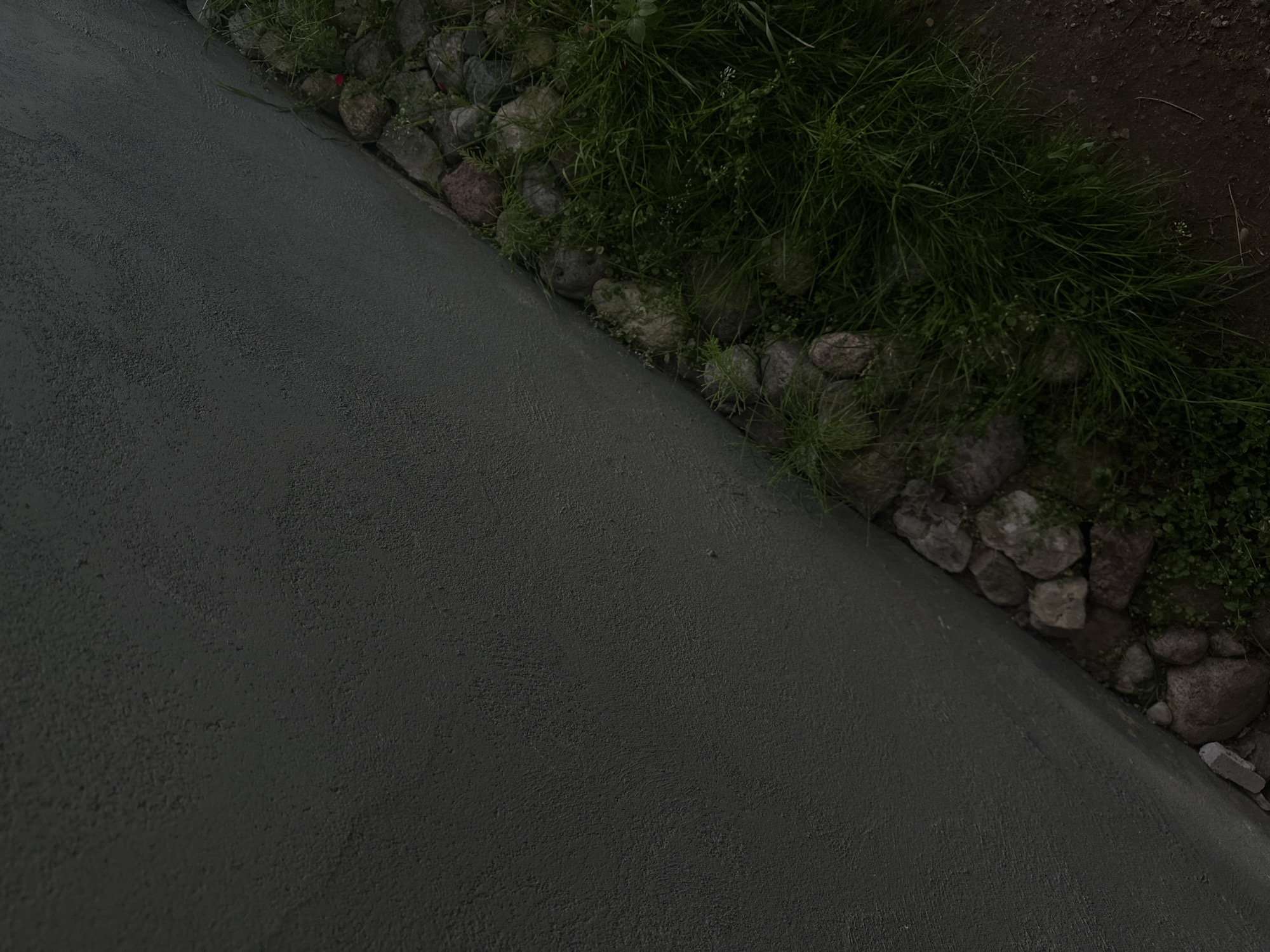 The image shows a close-up view of a textured, dark gray wall adjacent to an overgrown area of grass and rocks. The wall occupies the left two-thirds of the frame, appearing smooth with a slightly rough, stucco-like finish. A clear demarcation line separates the wall from the ground cover, which consists of dense green grass, interspersed with various-sized stones. Some of these stones are rounded and gray, while others are angular and have reddish or pinkish hues. Small weeds and possibly some faint red flower petals are visible among the grass and rocks. The ground itself, to the right of the vegetation, appears to be dark soil or dirt. The lighting suggests an overcast day or late afternoon, with soft shadows. The scene appears to be located outdoors, in a garden or yard area, potentially at the edge of a property in the city of Lapės, Lithuania. No people or active events are depicted.