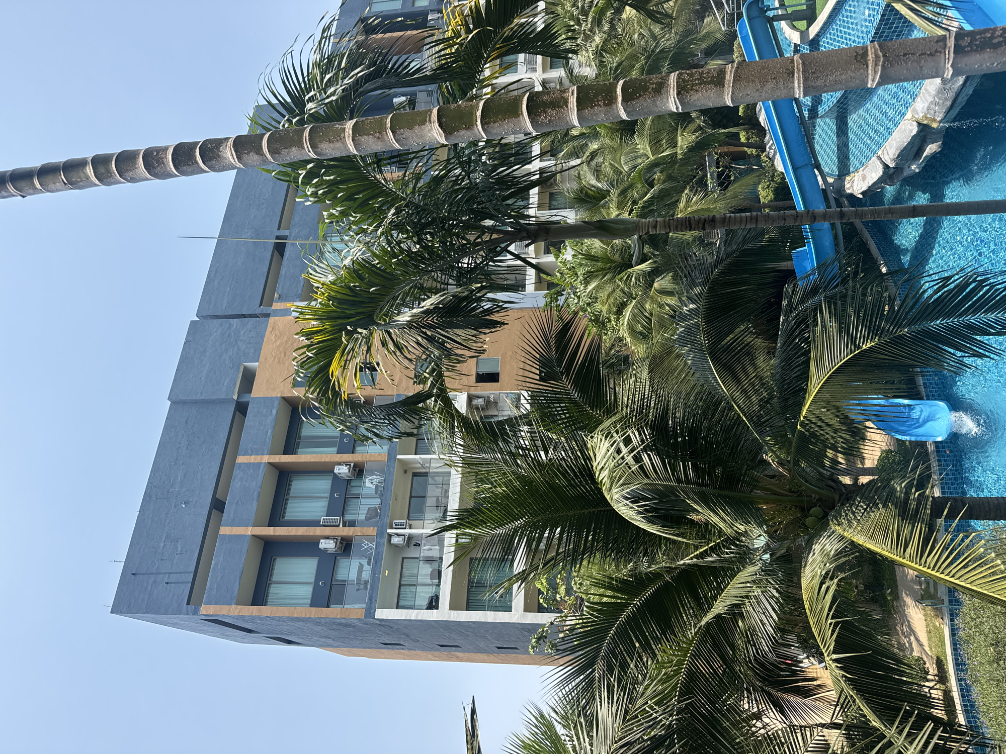 The image captures a building with balconies in Pattaya City, Thailand. The building has a multi-story structure with a color scheme of blue and tan. Air conditioning units are visible on some balconies. Lush green palm trees dominate the foreground and middle ground, partially obscuring the building. To the right, a blue water slide curves down into a swimming pool with blue tiles. The sky is a clear, pale blue.