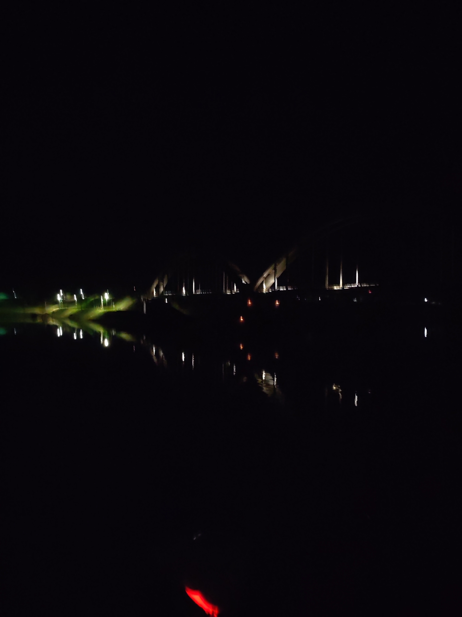 The image depicts a night scene at Gladyshevo, Russia. A bridge structure is visible in the background, illuminated with lights that reflect in the water below. There are also lights along the shoreline. A red object is visible in the lower foreground.