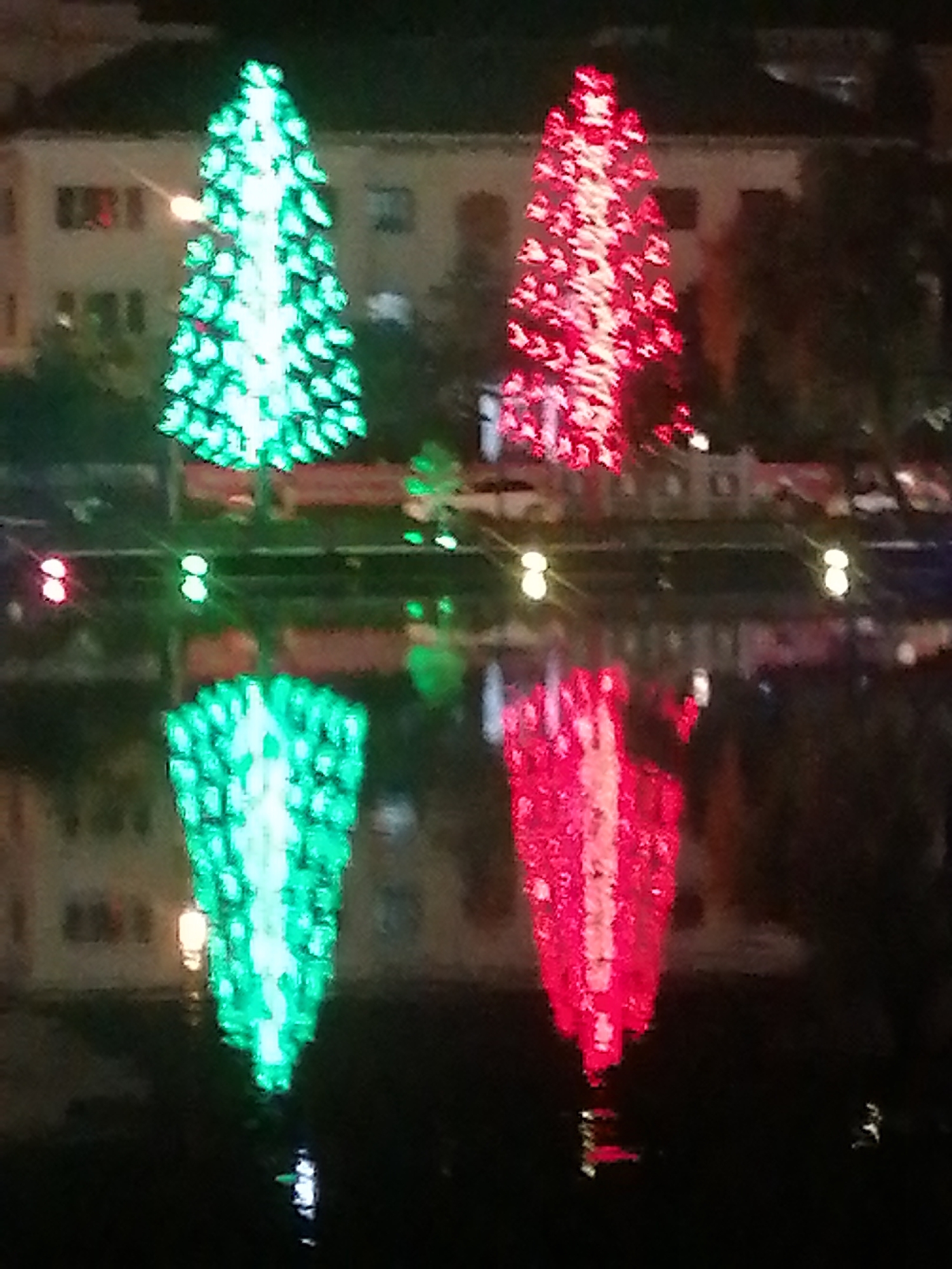 The image presents a vibrant nighttime scene featuring two brightly illuminated, artificial tree-like structures. On the left, a cone-shaped display radiates a brilliant green light, while on the right, a similar structure glows in a striking red. These festive decorations are composed of numerous individual lights, creating a segmented and intricate pattern resembling Christmas trees, as highlighted by the detailed crops.
Below these illuminated structures, their clear and elongated reflections are prominently visible on the calm surface of a body of water, mirroring the vibrant green and red hues perfectly. Across the middle ground, a horizontal line of smaller, blurred lights suggests a bridge or railing, physically separating the real trees from their reflections and adding another layer of light to the scene. In the distant, blurry background, several dimly lit buildings with visible windows indicate an urban or town setting.
The scene is unequivocally set at night, with artificial lights providing the primary illumination against the dark sky and water. The stillness of the water allows for the distinct and almost perfectly symmetrical reflections. There are no people visible, but the presence of decorative lights in a populated area suggests a celebratory or festive event, possibly during a holiday season. The overall atmosphere conveyed is peaceful and visually striking, consistent with a decorative display in a town like Sa Pa Ward, Vietnam. No discernible text is present in the image.