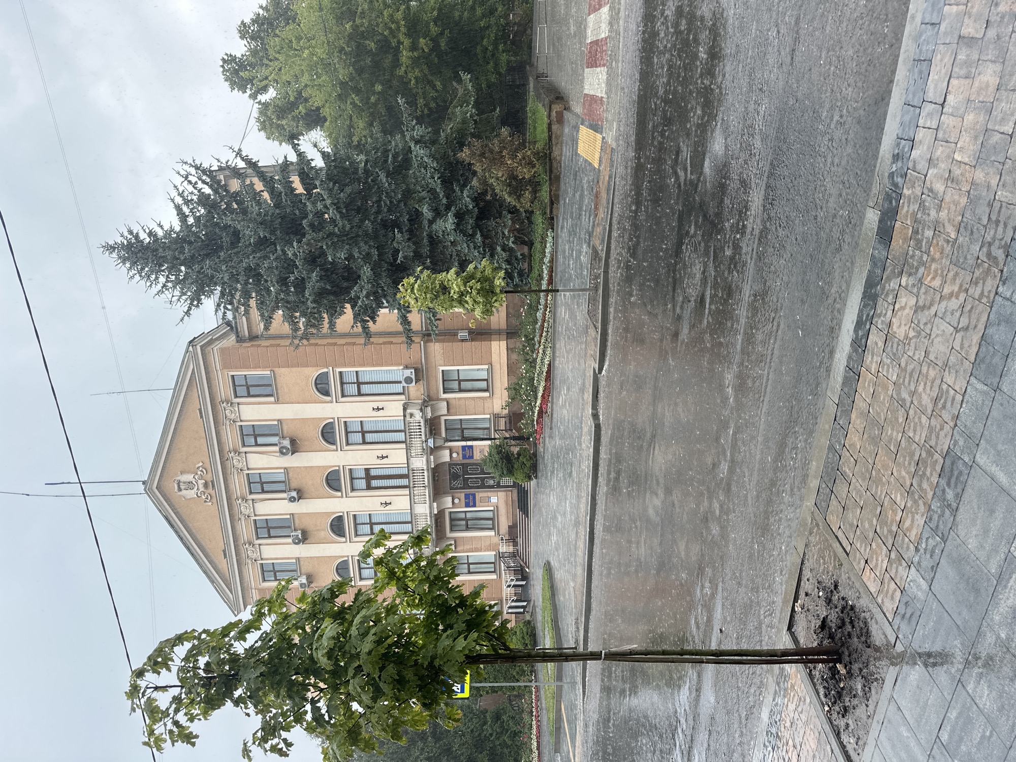 The image depicts a street scene in Ternopil, Ukraine, on a rainy day. In the background, a large, light brown building with classical architectural elements stands under a cloudy sky. The building features multiple windows, some with dark shutters, and several air conditioning units mounted on its facade. A balcony with ornate railings extends across the central part of the building, above an entrance with stairs. Adjacent to the building are tall evergreen trees and other greenery, including flowerbeds with colorful flowers.
In the foreground, a paved area, likely a sidewalk and street, is wet and reflects the surroundings due to the rain. The pavement is made of interlocking blocks of various shades of gray and brown. A young tree with green leaves is planted in a square planter with exposed soil. A yellow pedestrian crossing sign is visible on the left side of the image, next to the sidewalk. A crosswalk with red and white stripes is also present on the wet street. The rain is clearly visible as streaks and droplets falling from the sky, creating ripples on the surface of the wet pavement. No people are visible in the image. The overall atmosphere is somber and wet, characteristic of a rainy day.