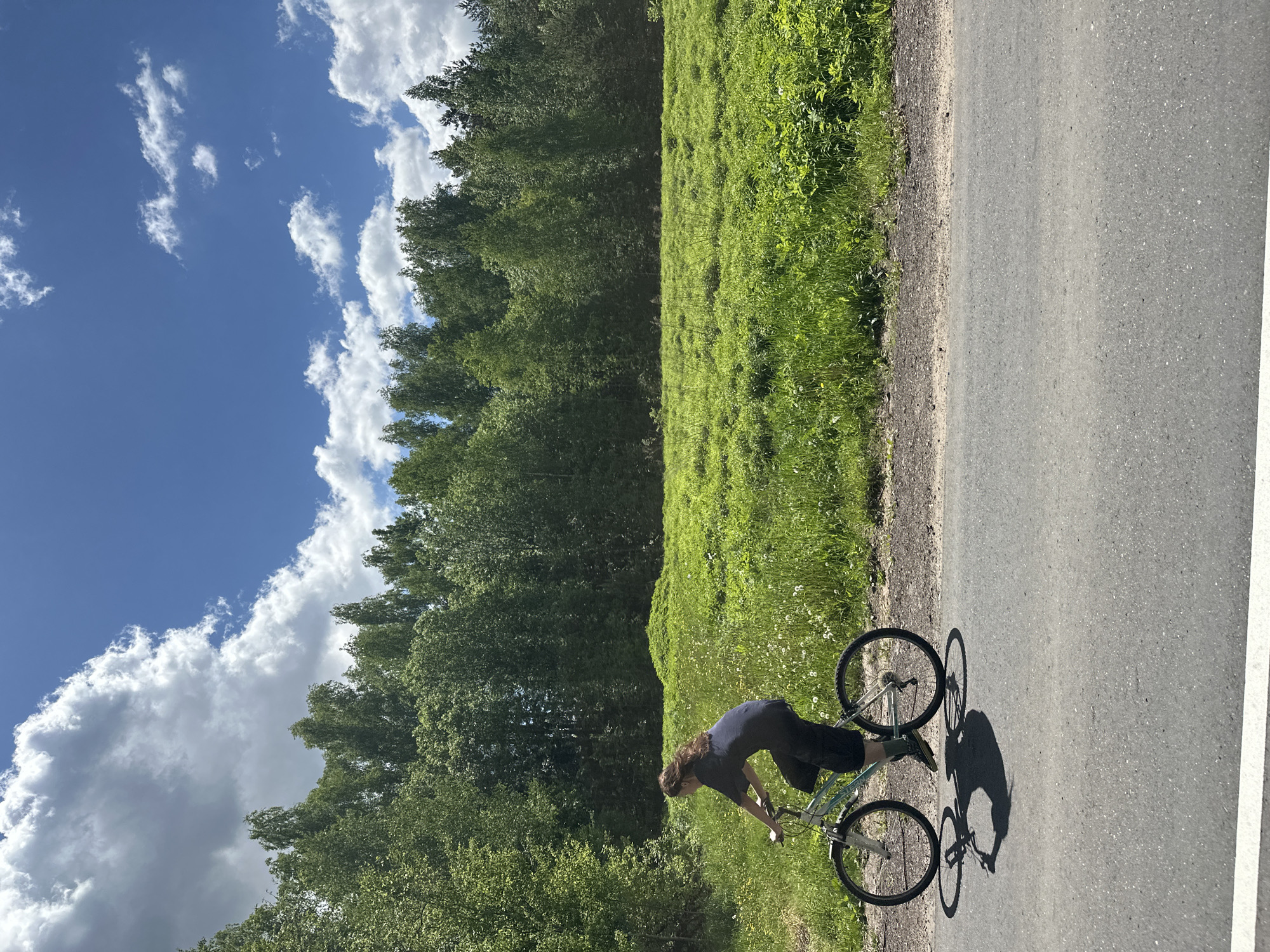 A woman with long brown hair, wearing a dark blue or black shirt and pants, stands on the shoulder of a gray asphalt road next to a green grassy area. She is bent over, appearing to work on a light blue and silver bicycle that is partially on the asphalt and partially on the grass. The road runs horizontally across the lower half of the frame, with a white line on the right side. To the left of the road and cyclist is a dense area of green grass and wildflowers, transitioning into a thick forest of green trees. The sky is visible in the upper left corner, a bright blue color with fluffy white clouds. The scene is brightly lit, casting a dark shadow of the woman and bicycle on the road. The location is Юзуфоўскі сельскі Савет, Belarus.