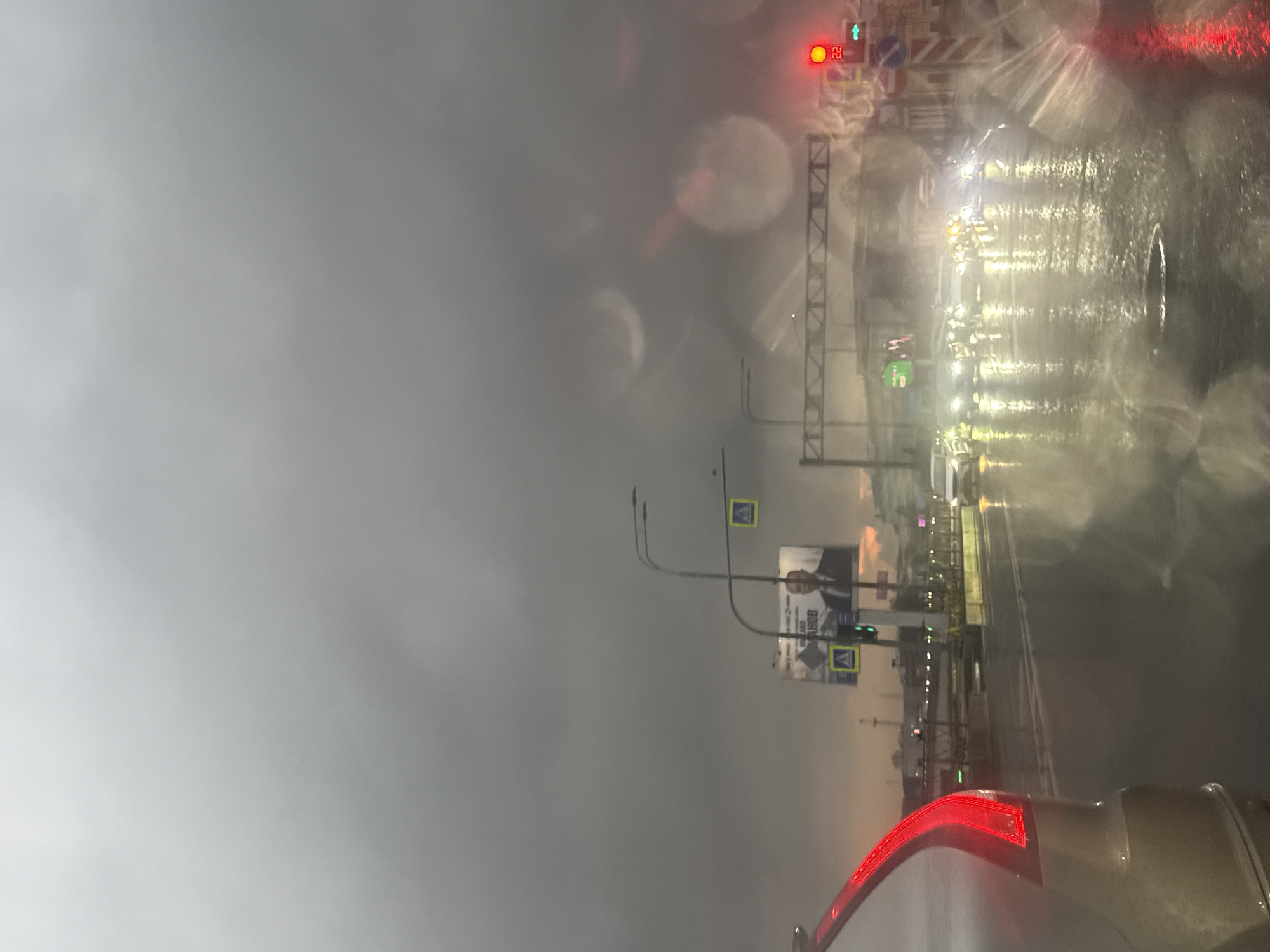 The image shows a view from inside a car driving in Saint Petersburg, Russia during heavy rain. The road is wet and reflects the lights of other vehicles. Traffic signals are visible, with one displaying a red light. There are lampposts and a billboard along the road. The sky is overcast and dark, suggesting either early morning or late evening. The car's taillight is visible in the foreground.