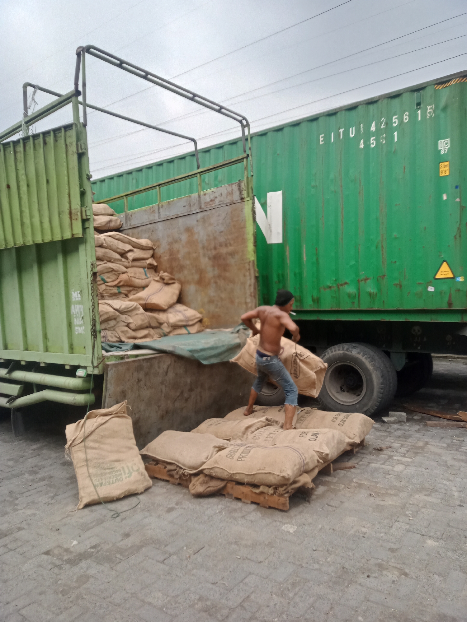 In the city of Sunggal, Indonesia, a shirtless man with a dark beanie and blue jeans is seen actively unloading burlap sacks from a green truck. He is positioned near the rear of the truck, holding a sack and appearing to be in the process of moving it. Multiple burlap sacks, some stacked on pallets and others loose on the ground, are scattered around the truck and the adjacent area. A large green shipping container is visible behind the truck. The ground is paved with concrete or asphalt. Overhead, power lines are visible against a cloudy sky. The scene suggests a logistics or agricultural loading/unloading operation.