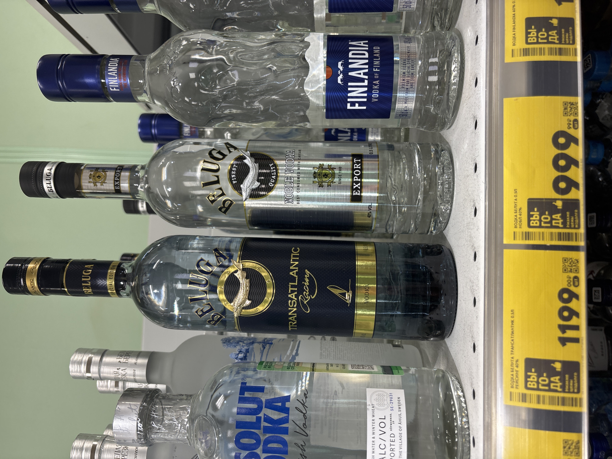 The image shows a shelf in a store, likely in Saint Petersburg, Russia, based on the product names and pricing in Rubles. The shelf contains several bottles of vodka, arranged in rows. From top to bottom, the brands include Finlandia, Beluga Export, Beluga Transatlantic Racing, and Absolut Vodka. Each bottle has a yellow price tag attached to the shelf edge. The prices listed on the tags are 999 rubles for Finlandia and Beluga Noble, and 1199 rubles for Beluga Transatlantic. The shelf is made of metal with rows of small holes.