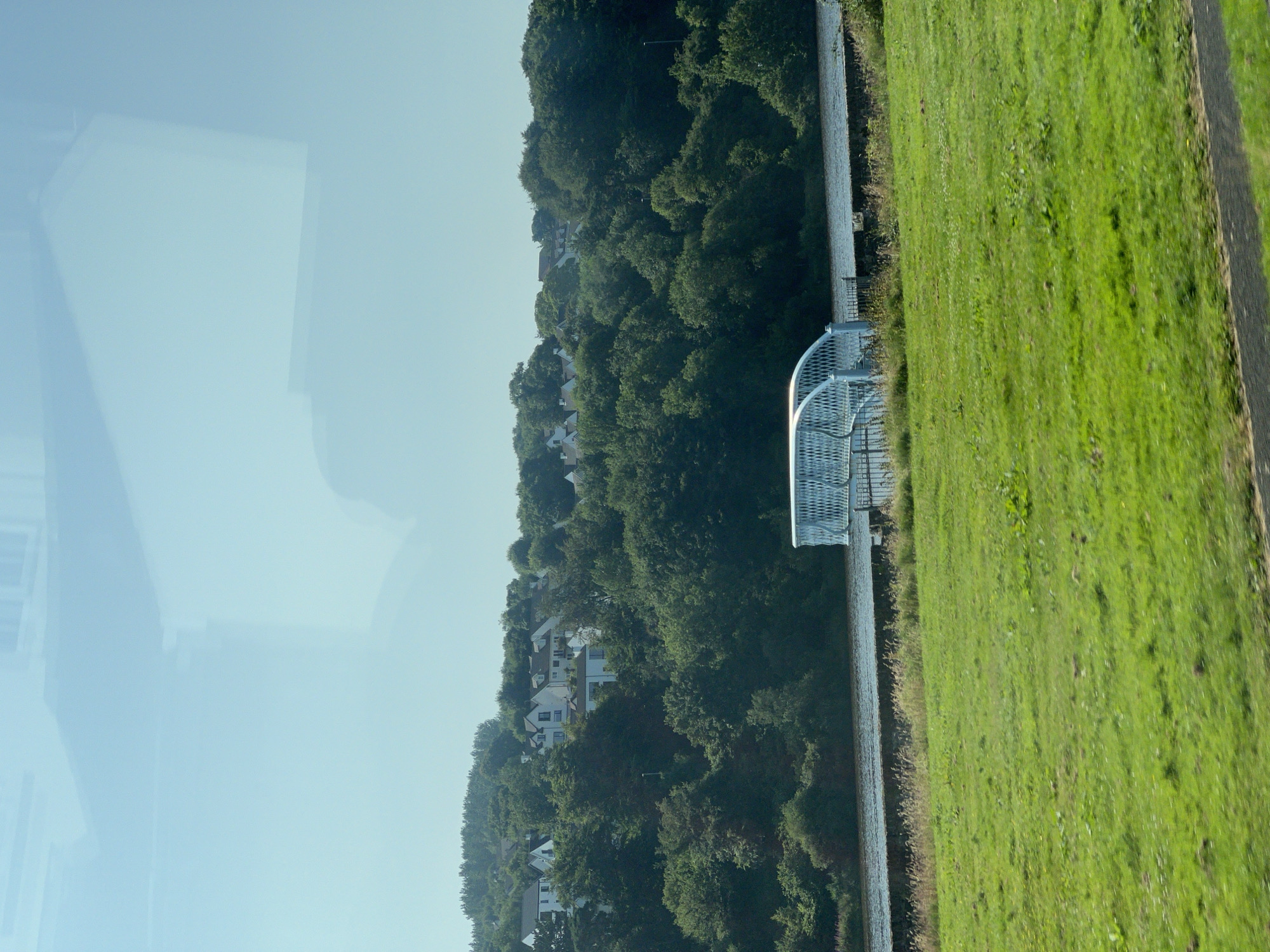 The image shows a scenic view of the River Foyle in Londonderry, United Kingdom. In the foreground, a vibrant green grassy field slopes gently towards the river. A dark pathway runs along the bottom edge of the frame.
Across the river, a densely wooded hillside is covered in lush green trees. Nestled within the trees are several white-roofed houses, indicative of a residential area. The river itself appears calm and reflects the pale blue sky.
Dominating the middle ground, partially obscuring the view of the riverbank, is a modern, white structure that appears to be a footbridge or part of a pedestrian walkway. Its distinctive arched design and latticed metalwork are clearly visible. The structure is set back from the foreground field and is bordered by a low stone wall and some dry grass.
The overall impression is one of tranquility and natural beauty, with the urban elements of the houses and the modern bridge integrated into the landscape. The sky is a clear, pale blue, suggesting good weather. The image seems to be taken from a slightly elevated perspective, possibly from a moving vehicle, given the slight blur in the foreground grass.