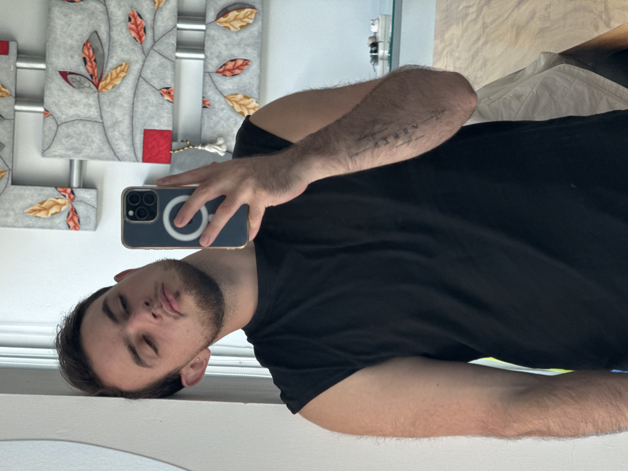 A man is taking a selfie in a mirror. He is wearing a black t-shirt and holding a smartphone. There is a gray and red felt-like wall decoration to the left side of the image and bed linens visible in the upper right quadrant. The location is unknown.