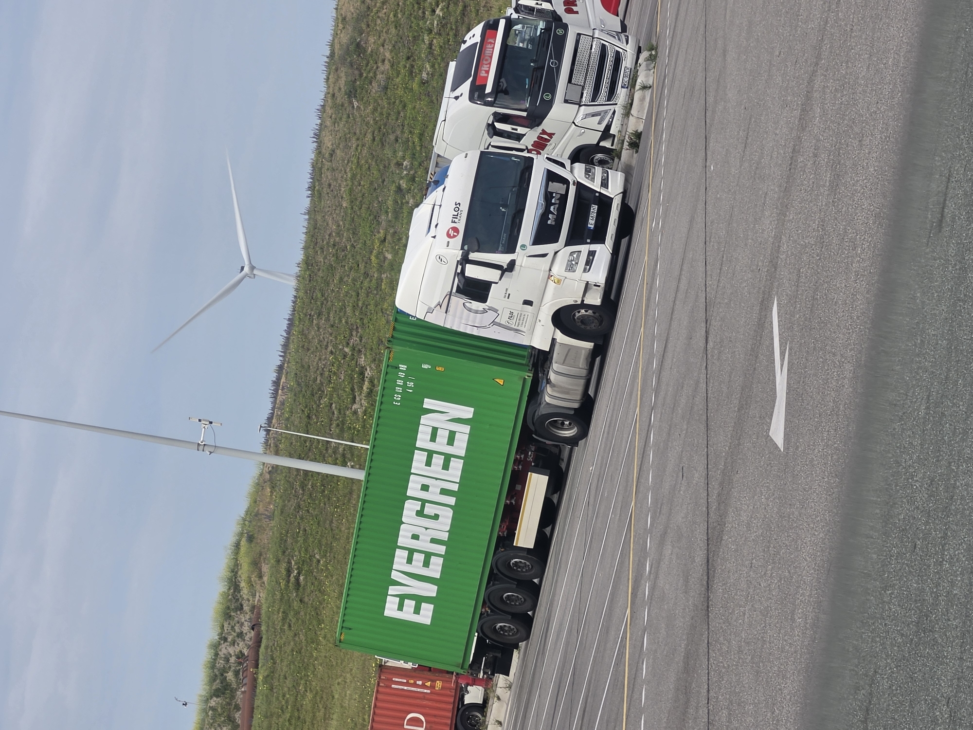 This is an outdoor, eye-level, slightly tilted, medium shot of several parked trucks on a paved surface, likely a port or industrial area. The scene is set during the daytime with clear skies and appears to be a sunny day. The background features a grassy, hilly area with a wind turbine visible in the distance, hinting at a coastal or open landscape.
The foreground is dominated by two large white trucks. The truck closest to the camera is a MAN truck, identifiable by the "MAN" logo on its cabin. It is hauling a large, bright green shipping container with "EVERGREEN" written in bold white letters across its side. Some smaller text and codes are also visible on the container. Behind the MAN truck is another white truck, a Volvo, with "PROMEX" written on its cabin.
A red shipping container is partially visible behind the green one, suggesting a collection of containers. The trucks appear to be stationary, possibly parked in a loading or waiting area. The paved surface has various lane markings, including white and yellow lines. The overall atmosphere is industrial and functional, common for a port environment. No people are visible in the frame. The visible text on the trucks and containers includes brand names and logistical information.