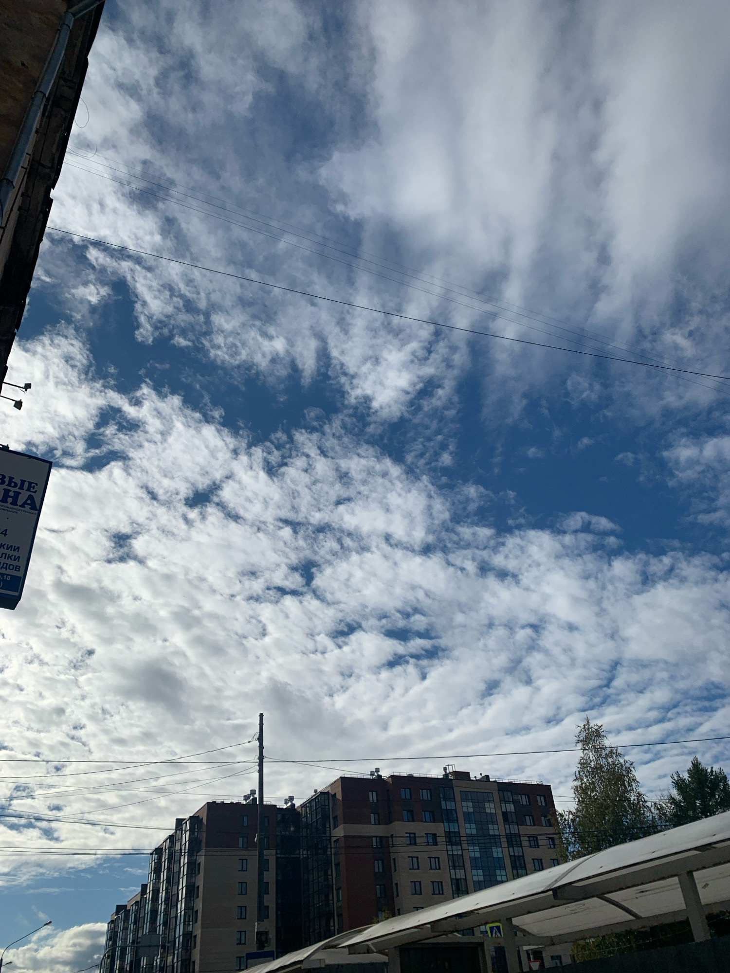 The image shows a view of a blue sky with scattered white clouds from a street level perspective in Arkhangelsk, Russia. In the foreground on the left, a portion of a building facade and a blue sign with white text are visible. The sign has Cyrillic lettering, reading partially as "ВЫЕ" and "НА", with smaller text below. In the mid-ground, there are power lines strung across the sky. A tall, dark pole, likely a lamppost or utility pole, stands vertically. Further in the mid-ground and background, there are modern multi-story apartment buildings with brick and glass facades. To the right, a portion of a white, translucent canopy structure is visible. Trees with green and yellow foliage are seen behind the buildings on the right side. The scene appears to be an urban environment on a partly cloudy day.