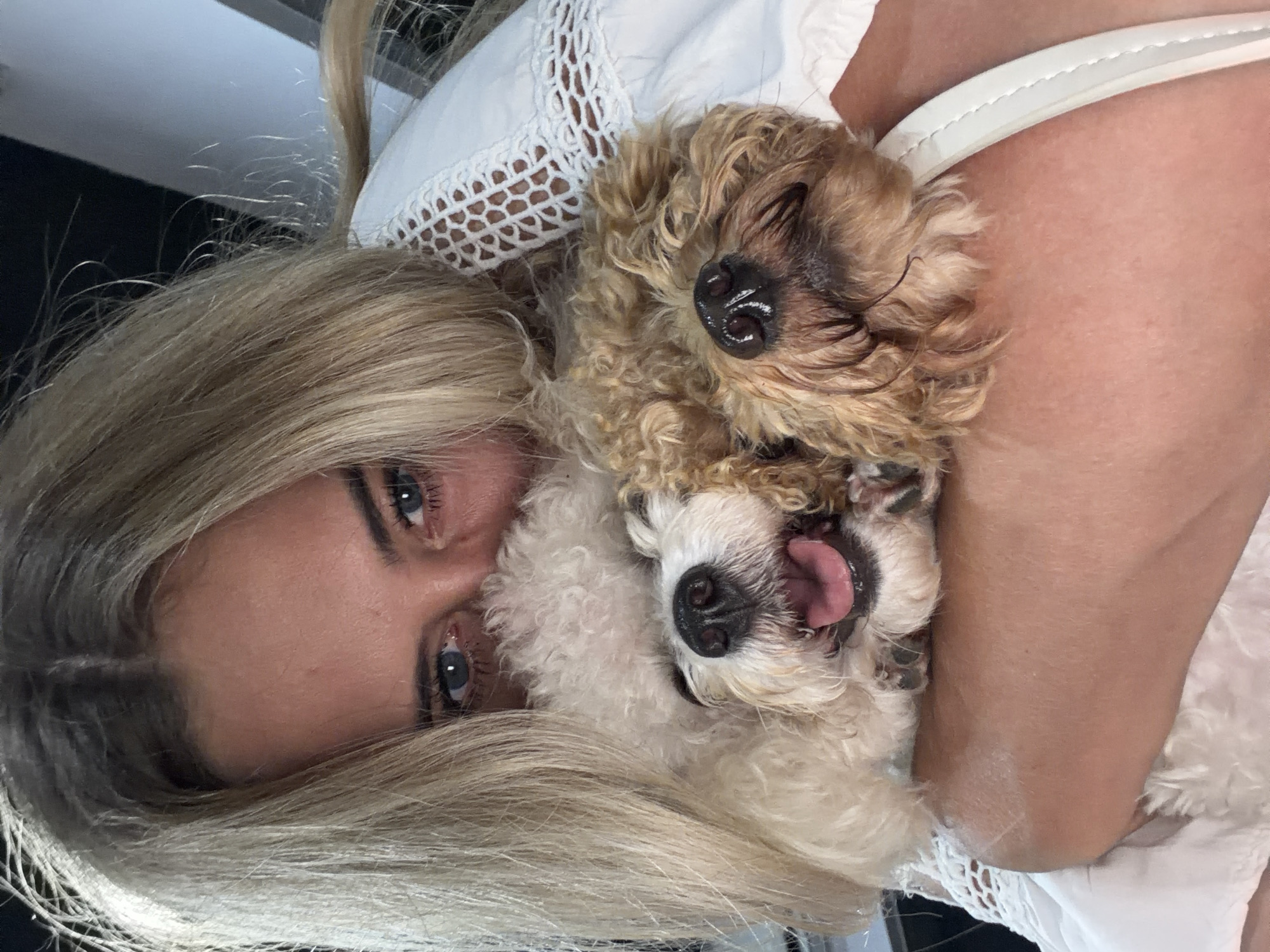A woman with blonde hair and blue eyes is lying on her side, hugging two small dogs. One dog is tan and curly-haired, while the other is light-colored and panting. The woman is wearing a white top with lace details. The location is not identifiable as Kedewatan, Indonesia, from the image alone.