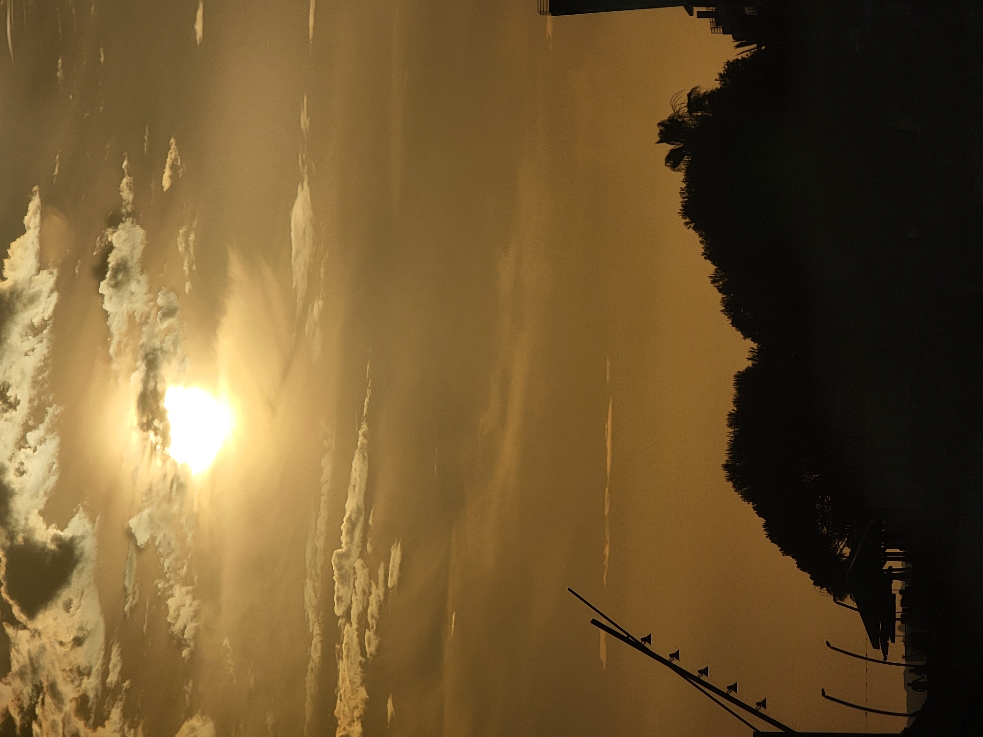 A hazy, bright sun is visible in the upper center of the image, partially obscured by clouds, casting a warm, golden light across the sky. Below the sky, a silhouetted line of trees and vegetation forms a dark landscape against the bright sky. To the left, a series of streetlights with multiple lamps extends upwards, their forms stark against the muted background. In the lower foreground, silhouetted figures and structures, including umbrellas and buildings, are barely discernible against the dark mass of the vegetation. The scene appears to be set in Quarteira, Portugal, during a sunset.