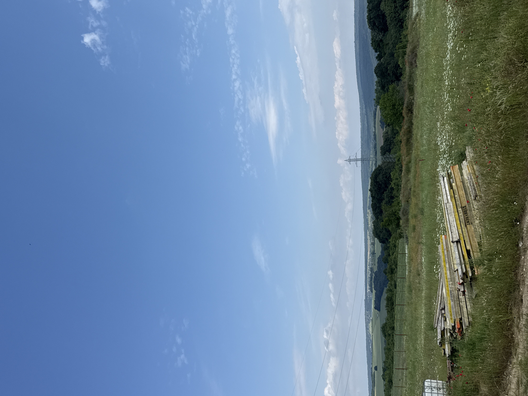 The image depicts a bright, sunny daytime landscape in Bliznatsi, Bulgaria. The upper two-thirds of the frame are filled with a clear blue sky, adorned with scattered, wispy white clouds.
The lower right portion of the image shows a vibrant green field, teeming with wildflowers, primarily small white blossoms and occasional red poppies. Resting on the edge of this field is a stack of construction materials, appearing to be wooden and metal formwork or scaffolding. Visible text on some of these stacked pieces includes "STRADYVENT".
Further into the landscape, a large metal electricity transmission pylon stands in the mid-distance, near a distant line of dark green trees, which likely marks a forest or hillside. Beyond the trees, the terrain extends into lighter green fields and rolling hills, fading into a hazy horizon. Power lines are faintly visible stretching across the sky.
The scene suggests a peaceful, rural or semi-rural environment on a clear day. No specific human or animal activity is overtly taking place within the frame. The overall impression is one of natural expanse under bright daylight conditions.