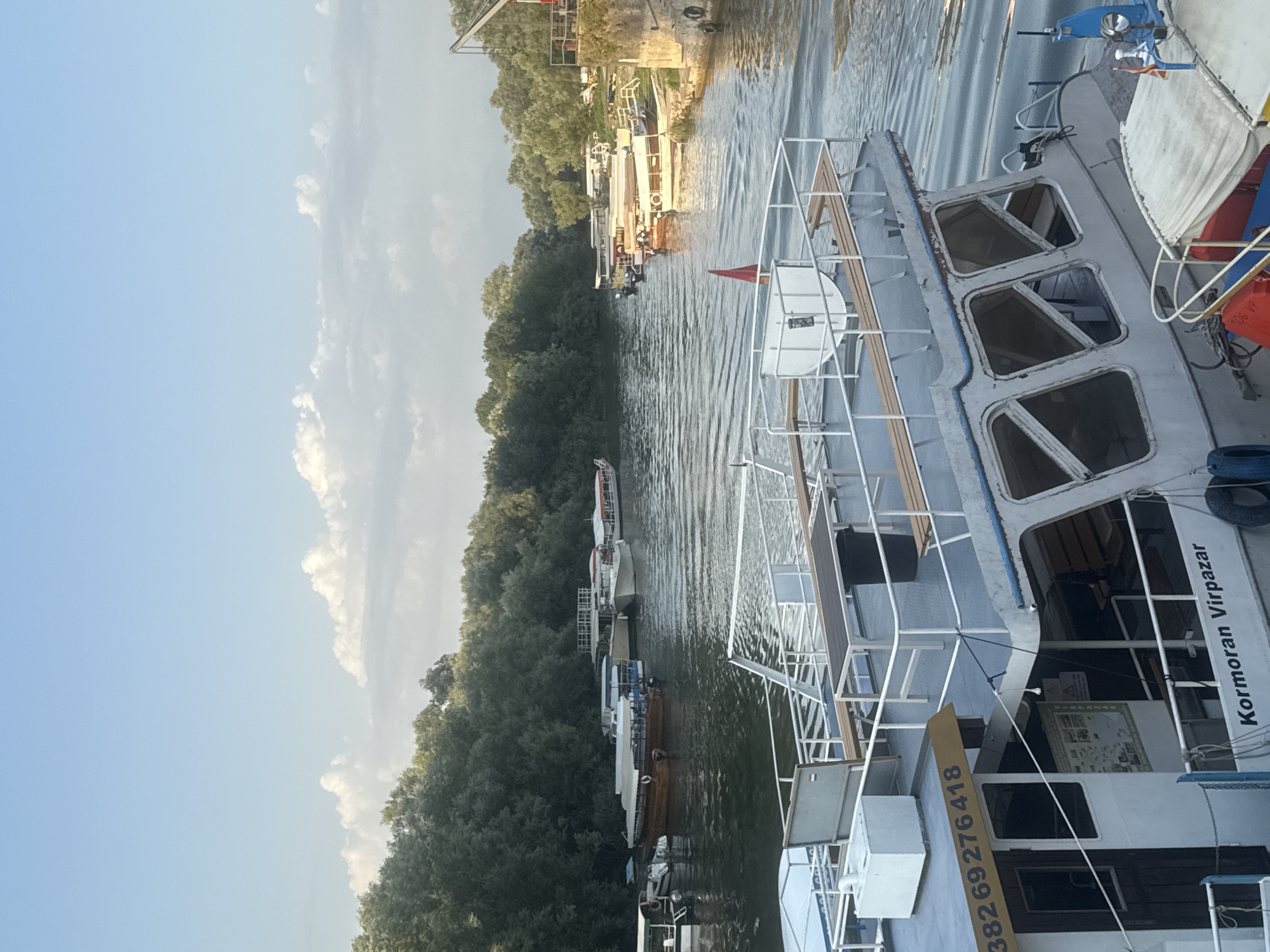 The image shows a wide river scene in Virpazar, Montenegro, with numerous boats docked along the bank and floating in the water. In the foreground, a large, grey boat with white railings and wooden benches is prominently featured. The name "Kormoran Virpazar" is visible on its side. This boat has a cabin with multiple windows. To the left of the foreground boat, another boat is partially visible with a phone number, "382 69 276 418," printed on its side.
Further into the river, a line of smaller boats, mostly white with some wooden elements, are moored along the lush green, tree-lined bank. The trees form a dense forest that stretches along the river's edge. In the background, the sky is a clear blue with scattered white clouds. The water is calm, reflecting the sky and the surrounding greenery. A concrete embankment with a crane is visible on the right side of the image. The overall scene depicts a serene, riverside setting characteristic of Virpazar, a town known for its location on Lake Skadar.