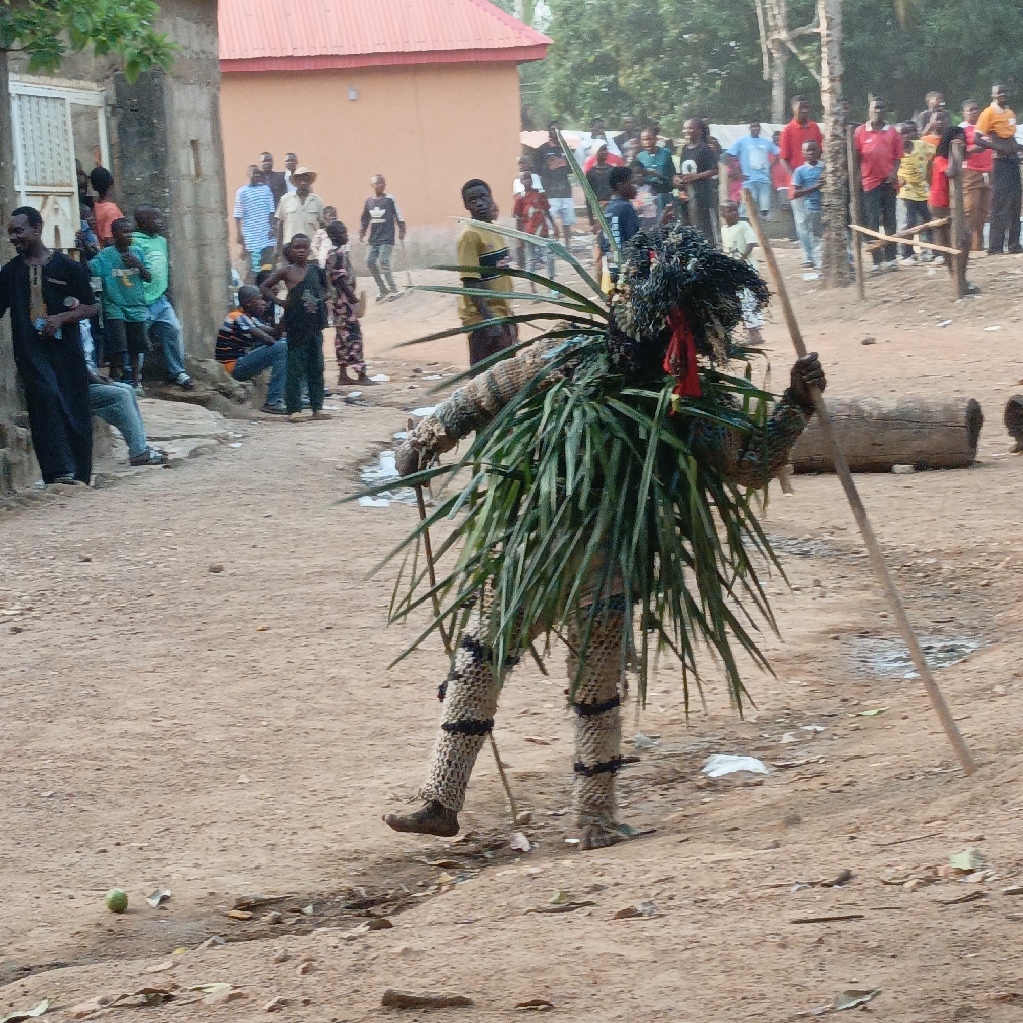 In Akwanga, Nigeria, a person in a traditional masquerade costume dominates the scene on a dirt ground. The costume is adorned with green foliage and a dark head covering. The person holds a long, light-colored staff. A crowd of onlookers, primarily men and children, is visible in the background, along with buildings with light-colored walls and a red roof. Debris is scattered on the ground.