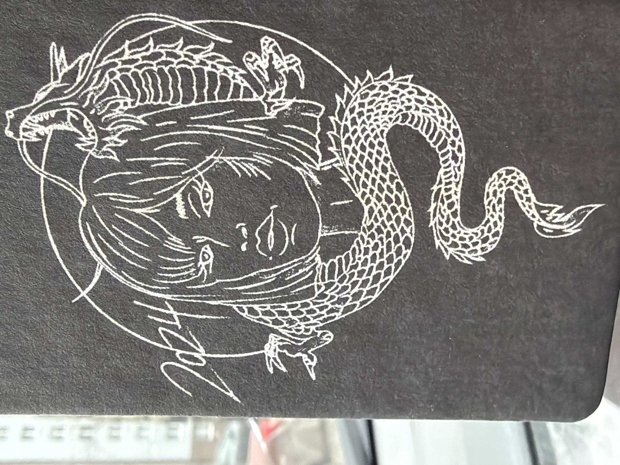 A detailed white line art drawing is depicted on a dark, textured surface, likely a notebook cover. The artwork centrally features a stylized dragon coiling around and encompassing a human head, shown in profile.
The dragon is rendered with intricate scales covering its body and tail, culminating in a fierce head with an open mouth revealing sharp teeth. Its body curves gracefully, with prominent claws, one of which rests near the human figure's forehead. The human head is drawn with eyes closed, conveying a serene or contemplative expression, and is surrounded by flowing lines that suggest hair or draped fabric.
Below the human figure, a distinct, stylized signature or text is visible in white lines. Based on the provided context, this text clearly spells "Izhevsk," linking the artwork to the city in Russia. The overall composition creates a striking contrast between the luminous white lines and the dark background, highlighting the intricate details of both the dragon's form and the human profile. The dark surface itself exhibits a slight texture, adding depth to the visual.