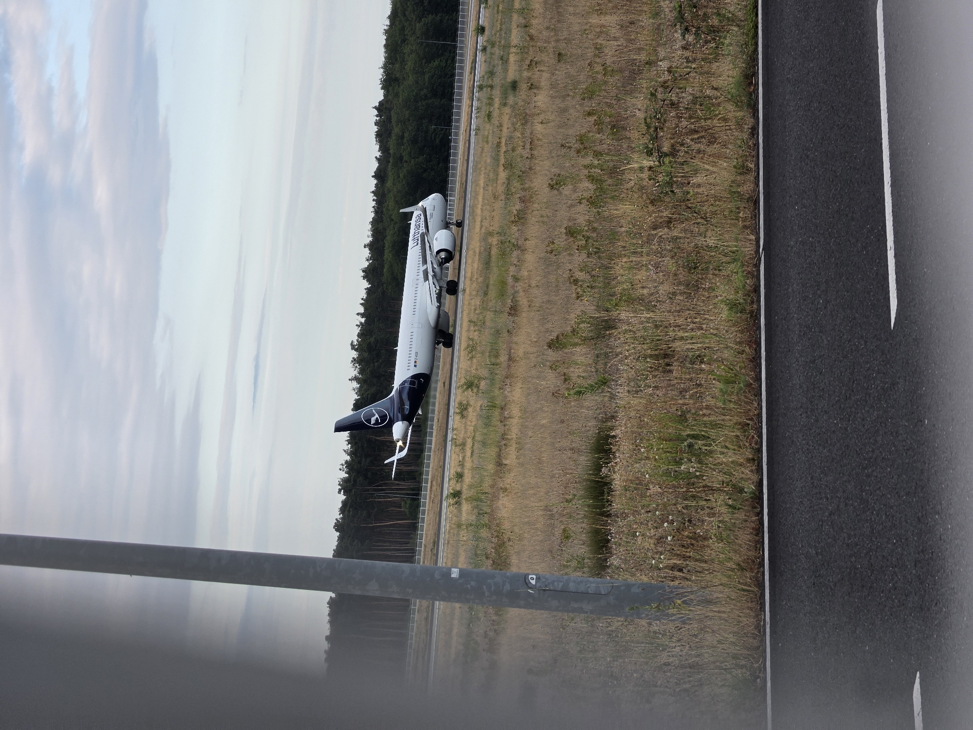 The image captures a Lufthansa airplane on the tarmac, likely at Frankfurt Airport (FRA) in Kelsterbach, Germany, as the airline is headquartered there and the airport is situated within the city. The plane, a white Airbus A320-200 or similar model, is in the process of taxiing or preparing for takeoff. Its tail displays the distinct Lufthansa logo. The surrounding environment consists of a dry, grassy field with a line of trees in the background, suggesting an outdoor setting in a semi-rural or airport periphery area. The sky above is overcast with a mix of gray and pale blue clouds. In the foreground, a section of asphalt road with white markings and a prominent grey pole are visible, partially obscuring the view of the airplane and the field. The lighting indicates it is daytime, possibly late afternoon or early evening given the soft light. There are no people visible in the frame.