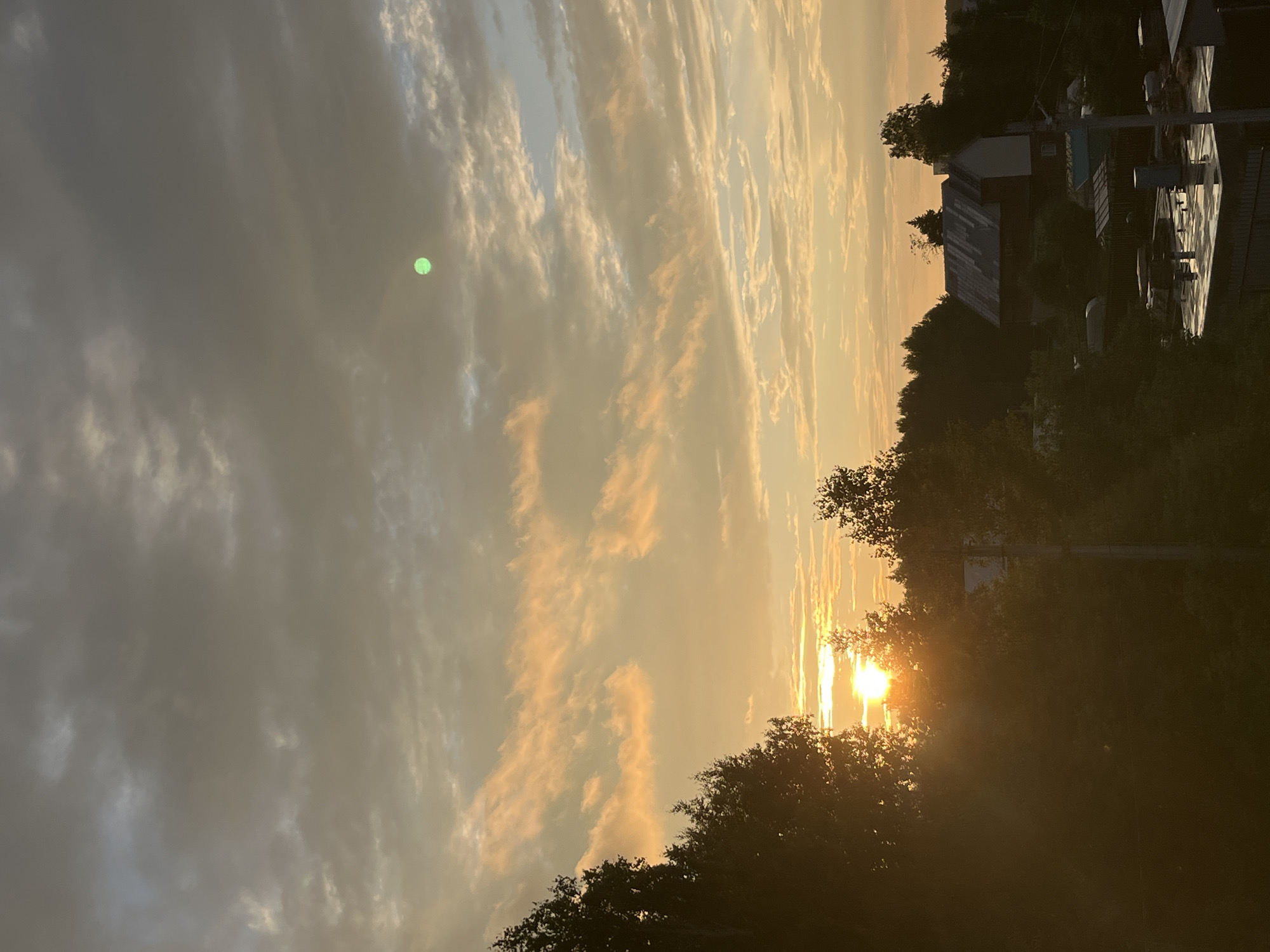 The image captures a serene sunset over a rural landscape, likely on the outskirts of Chaikovsky, Russia. The sky is a dramatic canvas of warm hues, with streaks of orange, yellow, and pink clouds illuminated by the setting sun, which is partially obscured by the dark silhouettes of trees in the foreground. A distinct, small green orb is visible in the upper right quadrant of the sky, appearing as a curious anomaly against the cloudy backdrop.
Below the sky, a dense line of trees forms a dark horizon, interspersed with glimpses of buildings. A prominent barn-like structure with a corrugated metal roof is visible in the middle ground, surrounded by smaller outbuildings and greenhouses. The foreground is dominated by the shadows of trees and the roofs of what appear to be industrial or storage buildings, some with visible pipes and reflective surfaces, suggesting a functional or possibly underdeveloped area. The overall impression is one of a quiet, possibly industrial or agricultural area experiencing the end of a day, with a touch of the surreal due to the green orb.