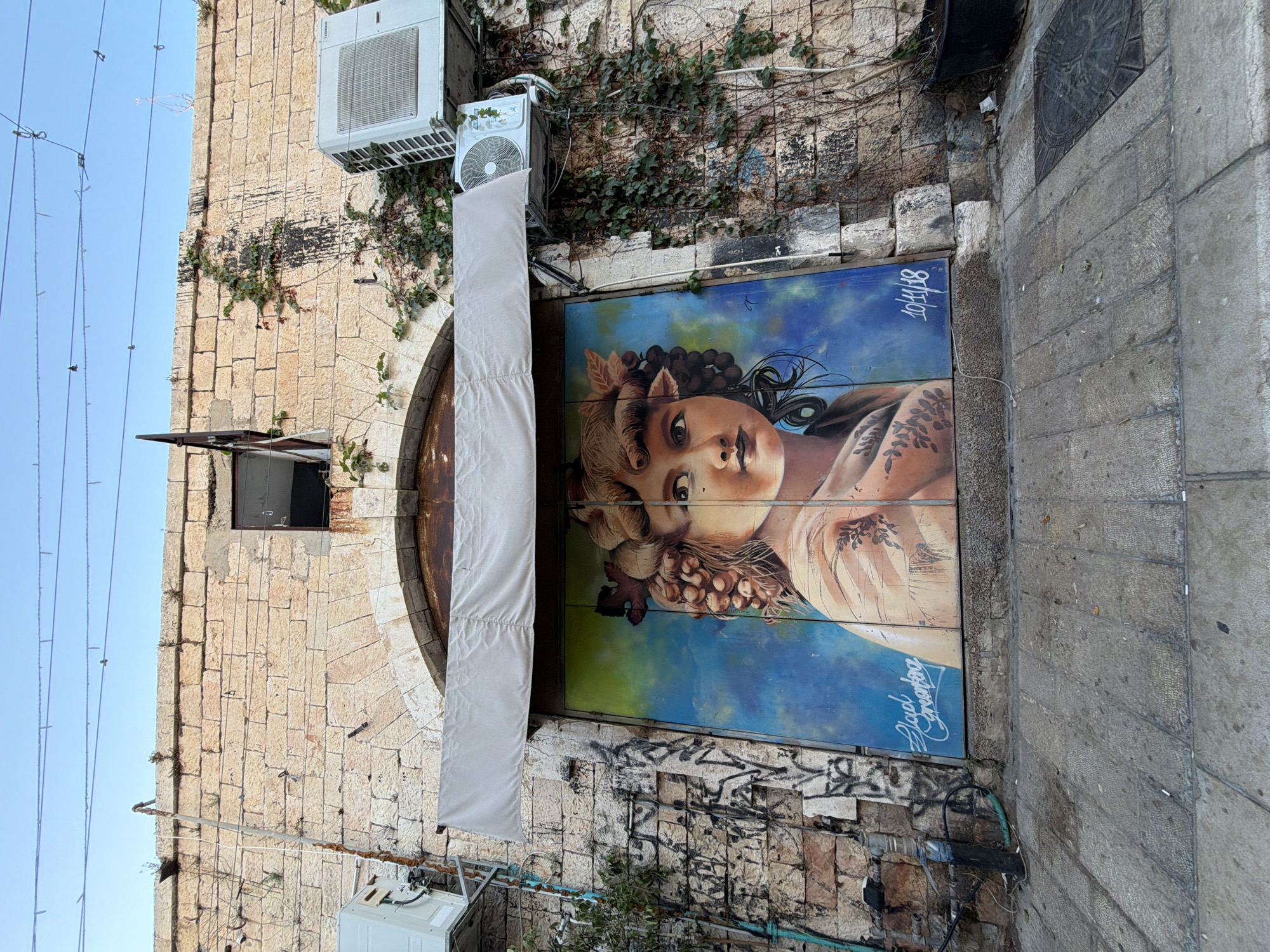 The image depicts a mural in Tel Aviv, Israel. The mural is painted on a large rectangular surface attached to the exterior wall of a building constructed of light-colored stone blocks. The mural features a stylized portrait of a young woman with grapes and leaves interwoven into her hair. The background of the portrait is painted in shades of blue and green. A white awning covers part of the mural. Graffiti and grime are visible on the stone wall below the mural. A gray concrete sidewalk borders the stone wall. Air conditioning units are affixed to the building's exterior. Overhead, electrical wires stretch across the sky.