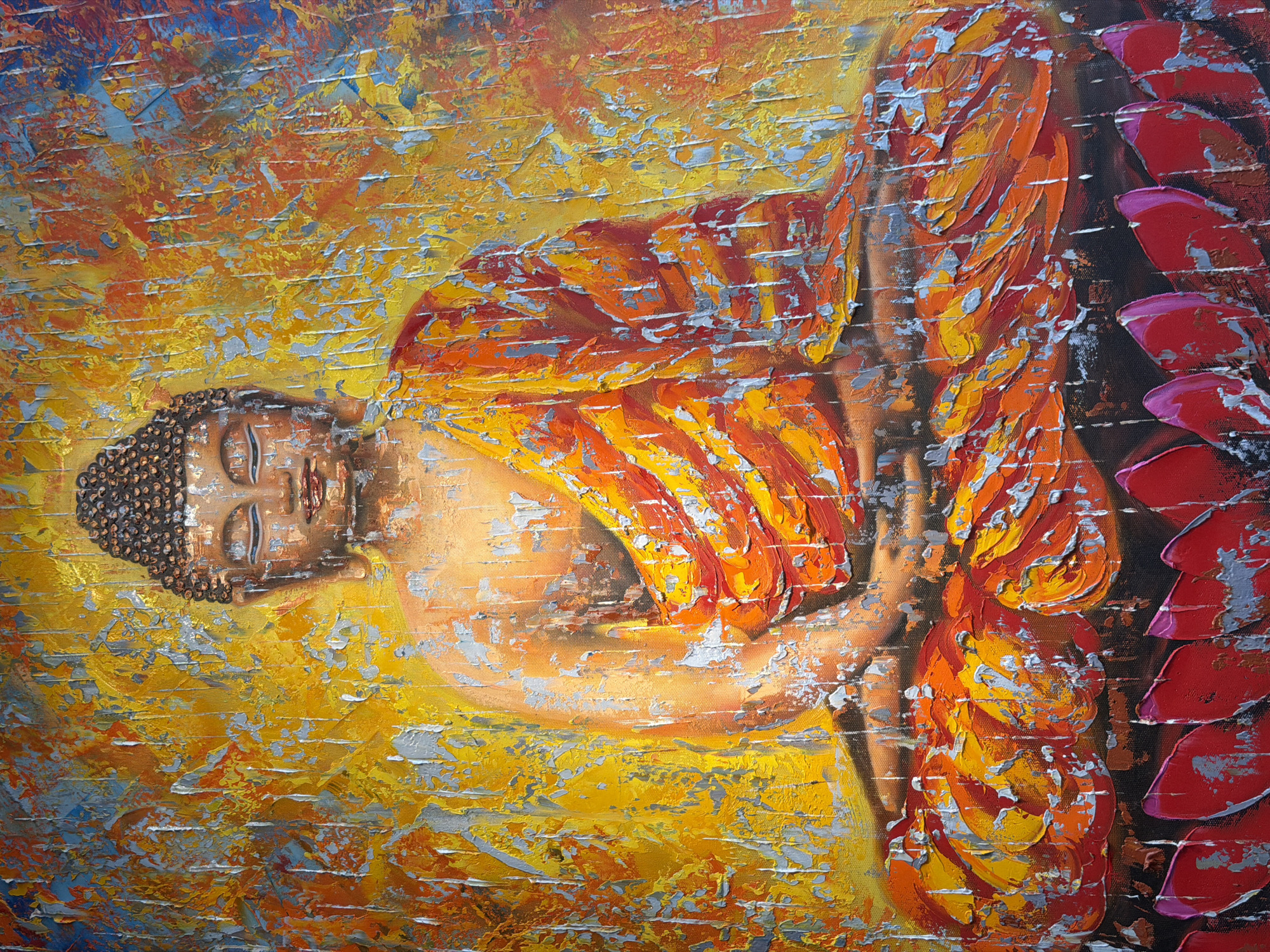 The image is a painting of Buddha lying down. He is wearing an orange and yellow robe, and his head is shaved. The background is a mix of yellow, orange, and blue paint. There are red and pink flower petals on the right side of the painting. There is no indication this image has any connection to Hà Nội, Vietnam.