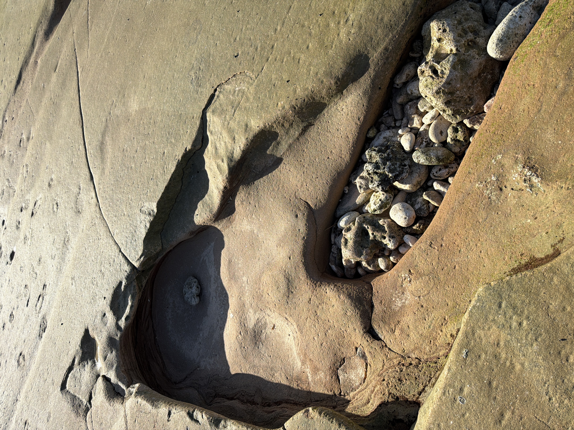The image shows a close-up view of rock formations, specifically a section of a rock surface with geological features such as cracks, crevices, and a small depression filled with pebbles and a larger rock. The rock has a light tan to brown color, with variations in tone due to light and shadow. The surface texture appears rough and weathered. The area with pebbles is recessed into the larger rock structure. The image evokes a natural setting likely found on a coastline or rocky terrain. Without specific coordinates or additional visual context, it's challenging to pinpoint the precise location within Kuta Selatan, Indonesia, but the scene is consistent with coastal rock formations. There is no evidence of people, interactions, or other details than rock itself.