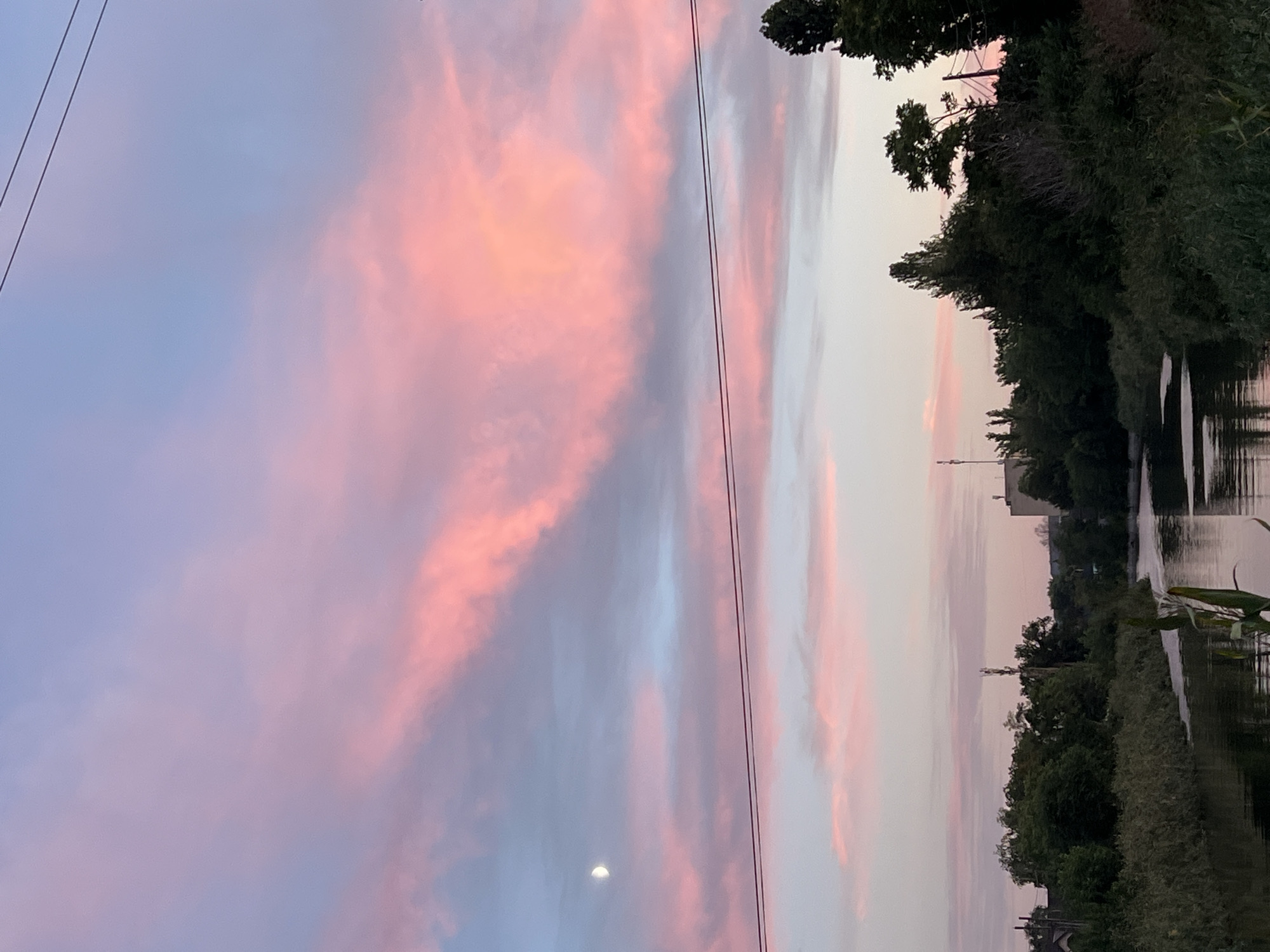 The image depicts a river flowing through a vegetated area, likely on the outskirts of Kryvyi Rih, Ukraine, during a sunset or sunrise. The sky is filled with vibrant pink and blue clouds, with a visible crescent moon on the left side. Two power lines are stretched across the upper portion of the frame. The riverbanks are lined with dense greenery, including trees and reeds. In the background, a few buildings and a cellular tower are visible, suggesting proximity to an urban or semi-urban area. The water reflects the colors of the sky and the surrounding vegetation. There are no people or animals visible in the scene.