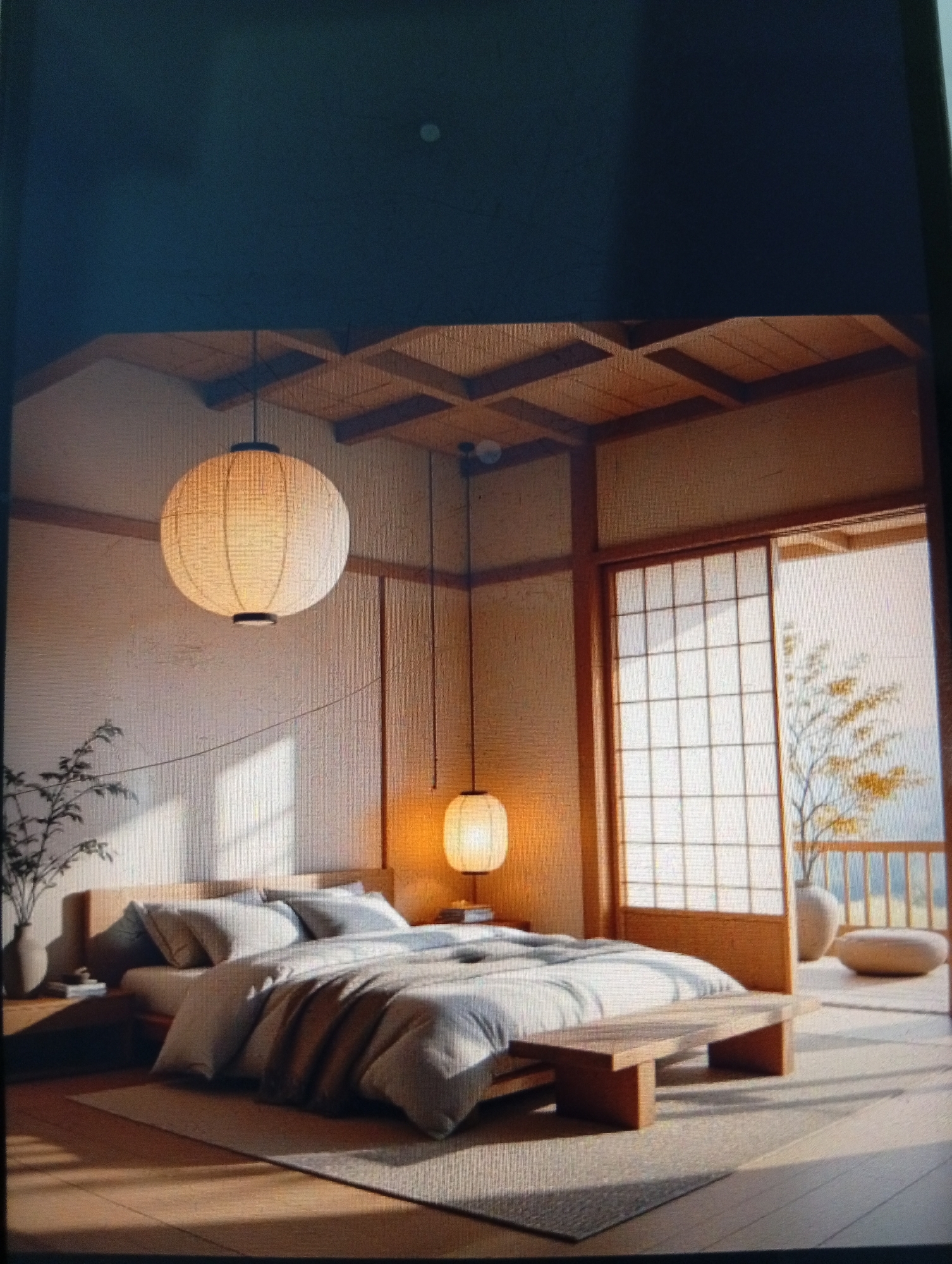 The image depicts a bedroom in a Japanese style. A large, round, paper lantern hangs from the ceiling above a bed with gray bedding. The bed is a low platform with a wooden frame and a small wooden table at its foot. To the side of the bed is a small table with a vase holding a bare-branched plant. A shoji screen provides access to an outdoor area, where a tree with yellow leaves is visible. The overall color palette is warm and muted. There is no indication this image is connected to Dutsen Alhaji, Nigeria.