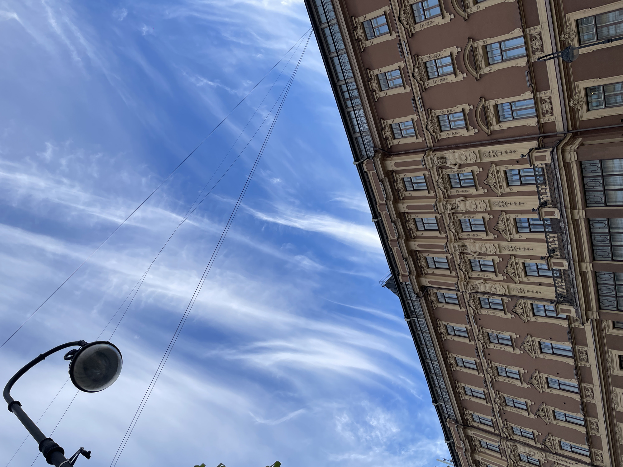 The image captures an upward-angled view of a street scene, dominated by an ornate building facade and a vibrant sky. The perspective is tilted, with a large, multi-story building occupying the right side of the frame, and the sky, a street lamp, and electrical wires filling the left.
The building, likely a historic structure in Saint Petersburg, features a rich reddish-brown or terracotta-colored facade. It is extensively decorated with light beige or cream-colored architectural elements, including intricate window frames, cornices, pilasters, and sculptural details, some resembling faces or figures, above and between numerous rectangular windows. Many window panes display a dark, H-shaped grid pattern, reflecting the clear sky.
In the lower-left foreground, a classic black street lamp with a curved arm and a prominent, circular glass-domed light fixture is visible. Multiple thin, dark wires or cables stretch diagonally across the sky, suggesting overhead utility lines. The sky is a bright, clear blue, adorned with wispy, elongated white clouds, indicative of cirrus or altocumulus formations. The scene is illuminated by bright daylight, suggesting fair weather. There is no discernible text visible in the image.