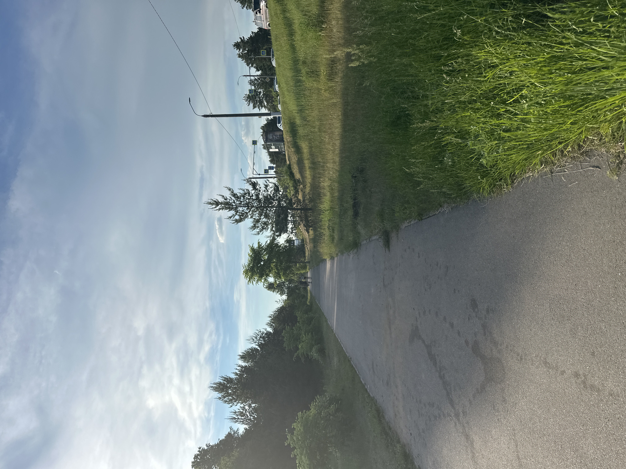 The image depicts a paved pathway in an urban park or green space, likely in the city of Vladimir, Russia. The pathway runs through a sun-dappled area with lush green grass on the right and a dense line of trees on the left. The sky is partly cloudy with patches of blue.
In the distance, two figures are walking along the path. On the elevated area to the right of the path, several cars are visible, and a street lamp stands tall. There are also traffic signs and what appears to be a bus stop shelter. The overall impression is of a peaceful, outdoor scene on a pleasant day.