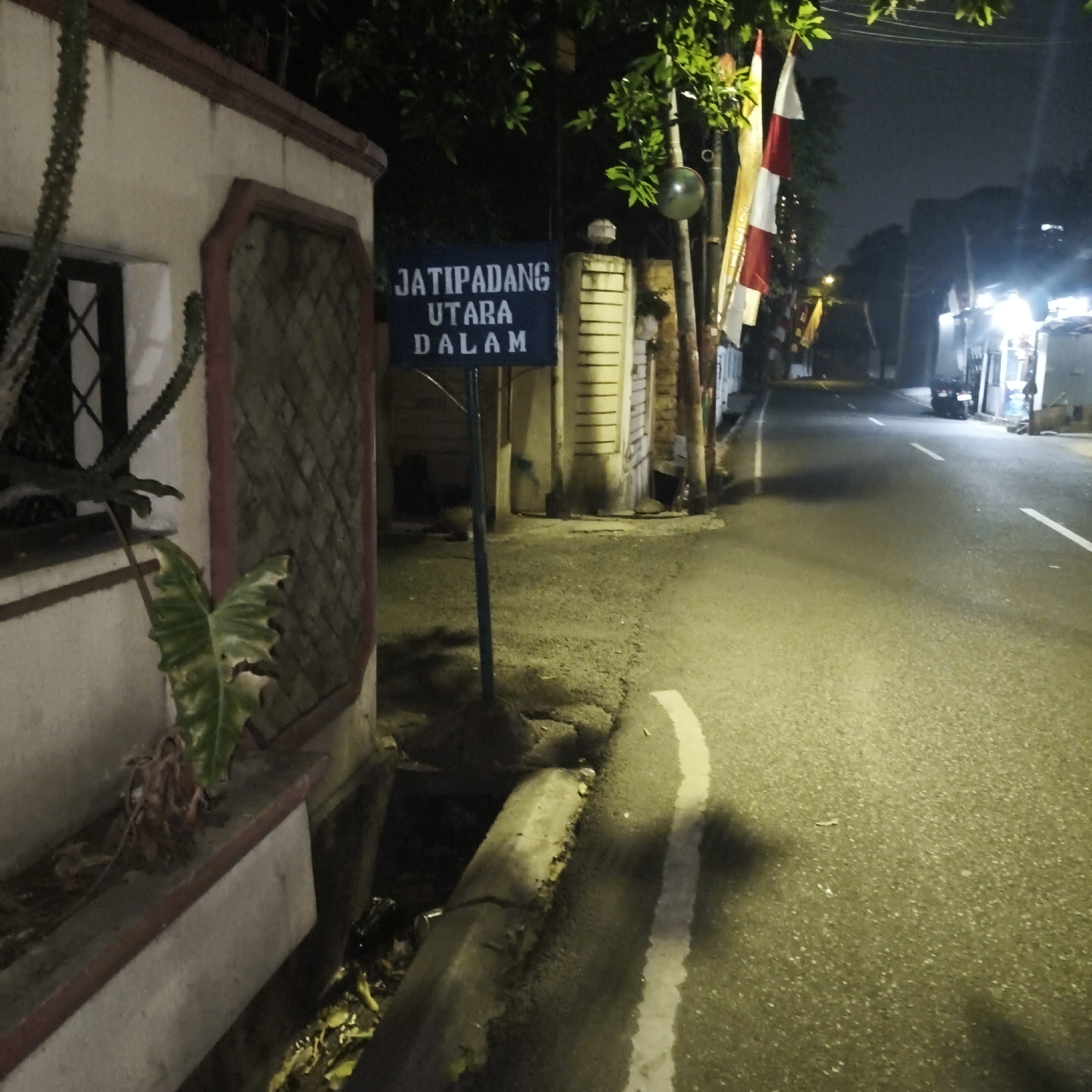 The image depicts a street scene at night in the Jati Padang Utara Dalam area of South Jakarta, Indonesia. A street sign with white lettering on a blue background reads "JATIPADANG UTARA DALAM". In the foreground, a portion of a building with a textured wall and a decorative frame is visible, with a large green leafed plant and a cactus-like plant nearby. The street is paved and illuminated by artificial lighting, showing a white line marking the edge of the road. Several Indonesian flags are hung along the street. A few motorcycles are parked on the side of the road in the distance, and the street appears to be lined with buildings and trees, suggesting a residential or mixed-use area. The overall atmosphere is dark and quiet, typical of a nighttime street in an urban environment.