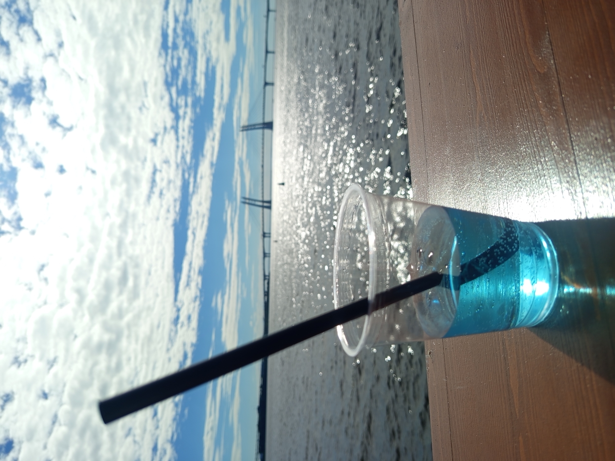 A close-up shot of a clear plastic cup filled with bright blue liquid and a black straw, placed on a wooden surface. The cup is in focus, with the liquid showing small bubbles. Beyond the cup, a body of water stretches to the horizon, reflecting the bright sunlight and a partially cloudy sky. In the distance, a long cable-stayed bridge with distinctive towers is visible. This scene is likely captured at a waterfront establishment on the Neva River in Saint Petersburg, Russia, potentially offering views of the Gulf of Finland or the river itself, with the Western High-Speed Diameter bridge in the background.