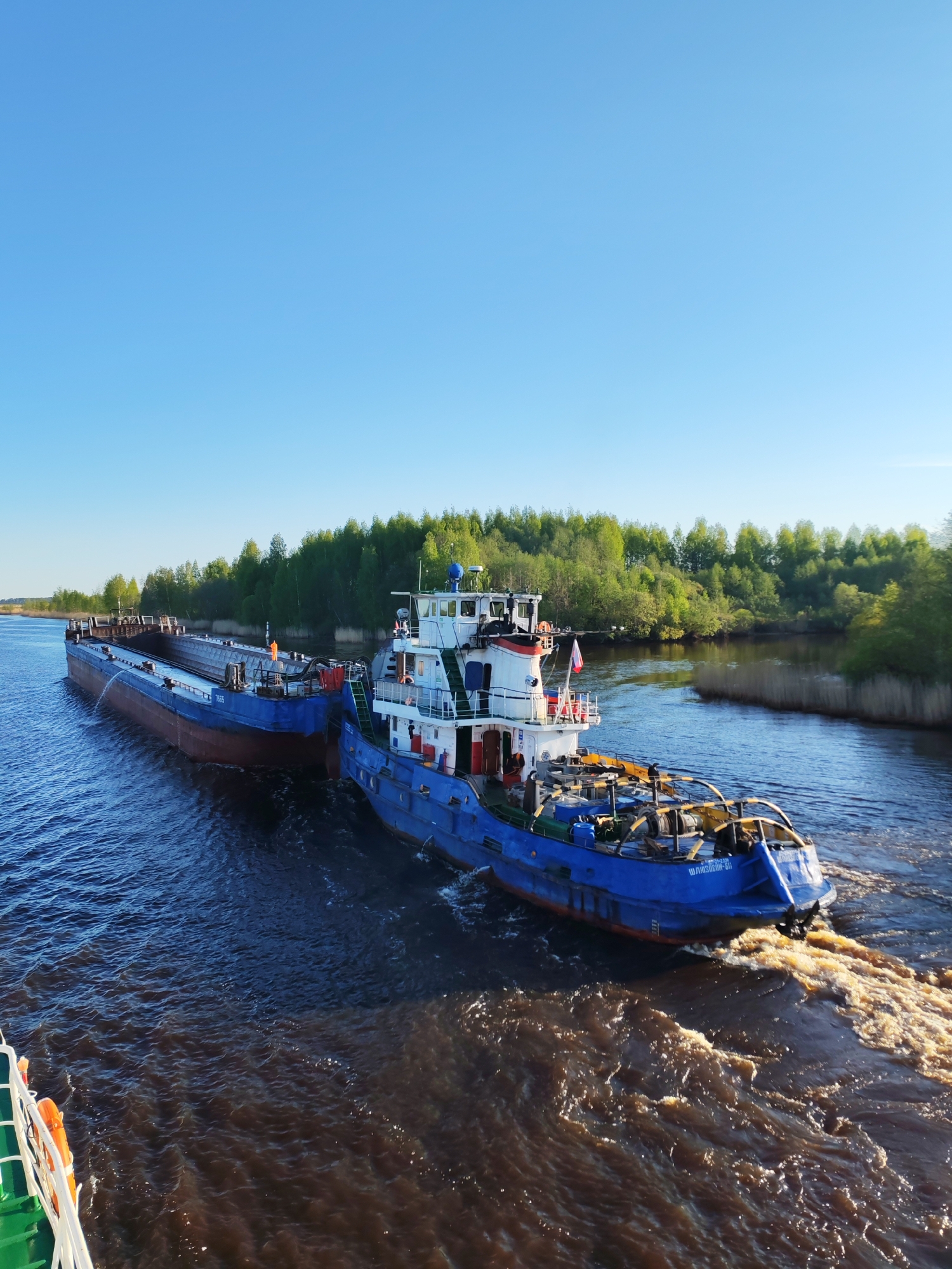 A blue tugboat is pushing a long, flat barge on a river. The tugboat has a white cabin and a Russian flag. The river water is choppy. On the right bank of the river, there is a forest with green trees. The sky is clear and blue. Part of another boat is visible in the lower-left corner. The location is likely near Ozernoe Ust'e, Russia.