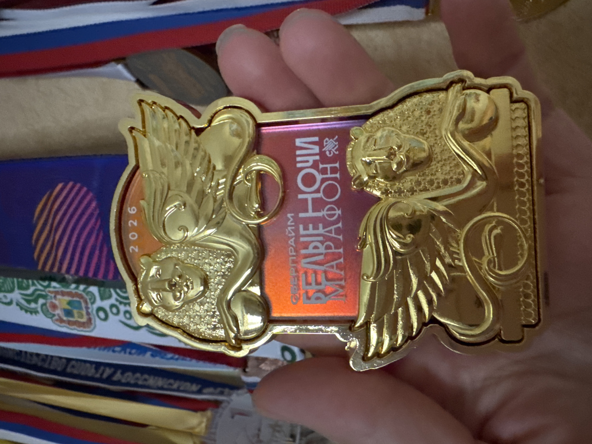 The image shows a close-up of a gold medal held in a person's hand. The medal is ornate, featuring intricate golden designs of mythological creatures, possibly griffins or lions with wings, and animal heads. The center of the medal has a rectangular insert with red and orange hues. Visible text on this insert reads in Russian: "СБЕРПРАЙМ" (SberPrime) and "БЕЛЫЕ НОЧИ МАРАФОН" (White Nights Marathon). Below this, "2026" is visible on the edge of the medal. The medal is attached to a ribbon, parts of which are visible, including ribbons with the colors of the Russian flag (white, blue, and red) and other decorative patterns. The background shows more ribbons of medals, suggesting this is part of a collection. The focus is on the medal itself, highlighting its craftsmanship and the event it commemorates. The lighting suggests an indoor setting, and there are no obvious weather cues. The context provided indicates the location is Sinyavino, Russia, which may be relevant to the marathon event.
